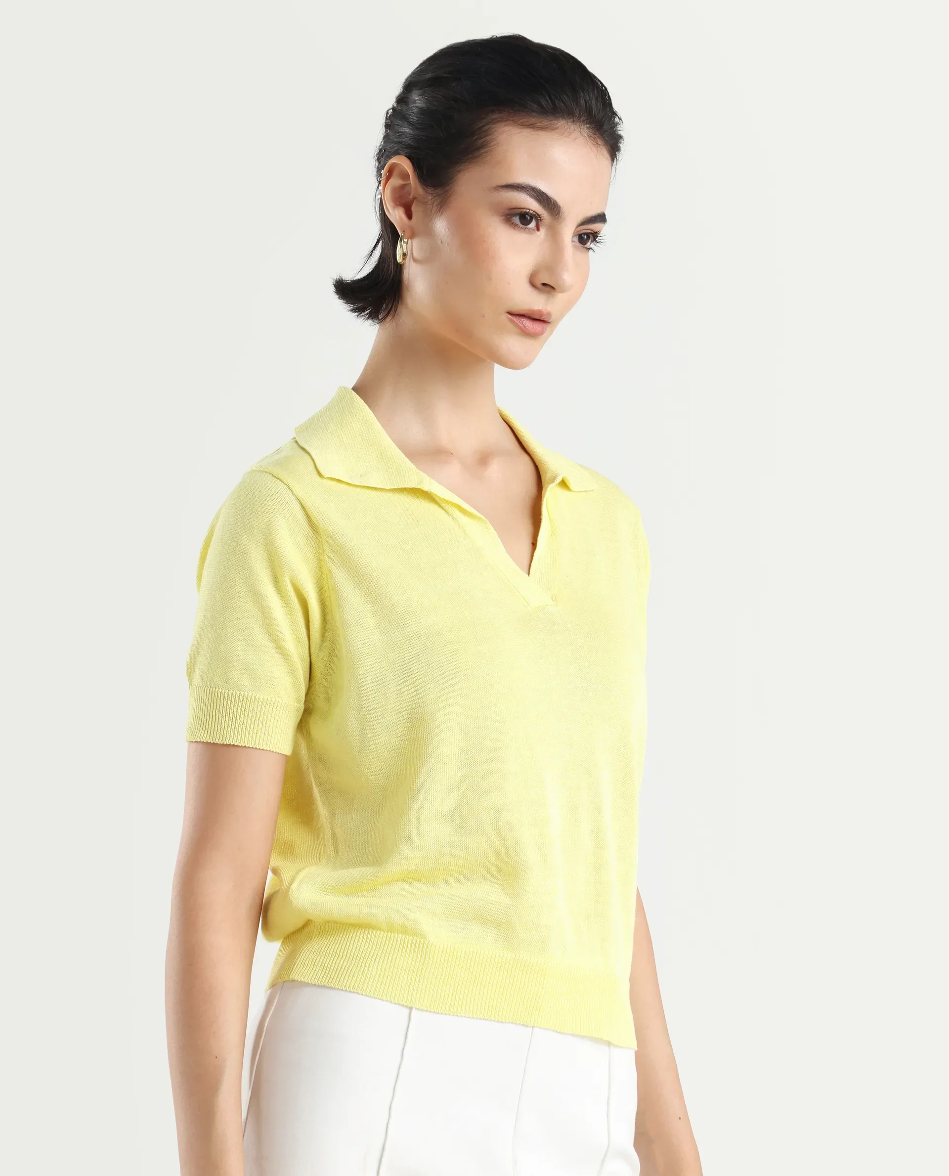 Rareism Women's Basel Yellow Cotton Linen Polo Neck Plain Regular Fit Polo - Image 6