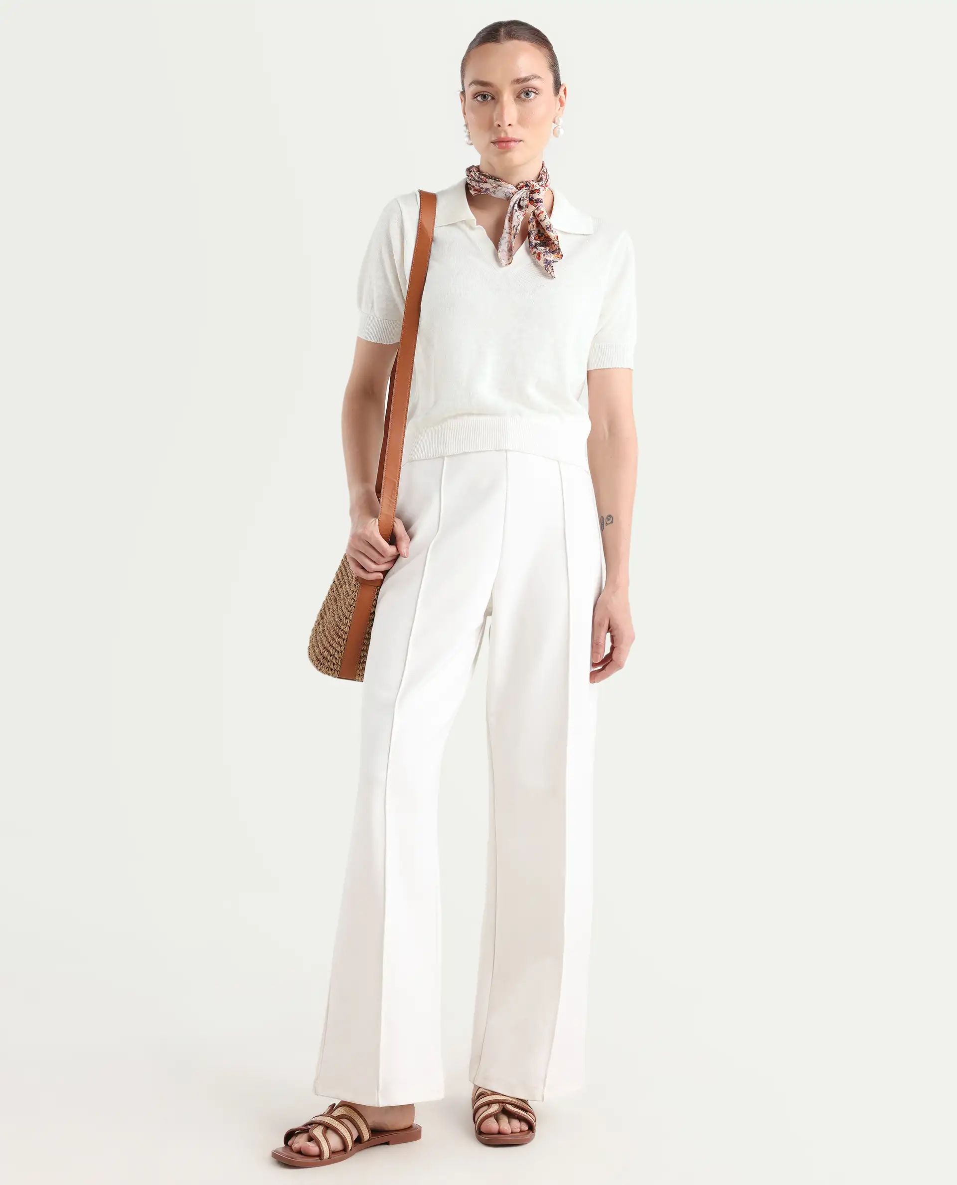 Rareism Women's Basel - Off White Cotton Linen Polo Neck Plain Regular Fit Polo - Image 2