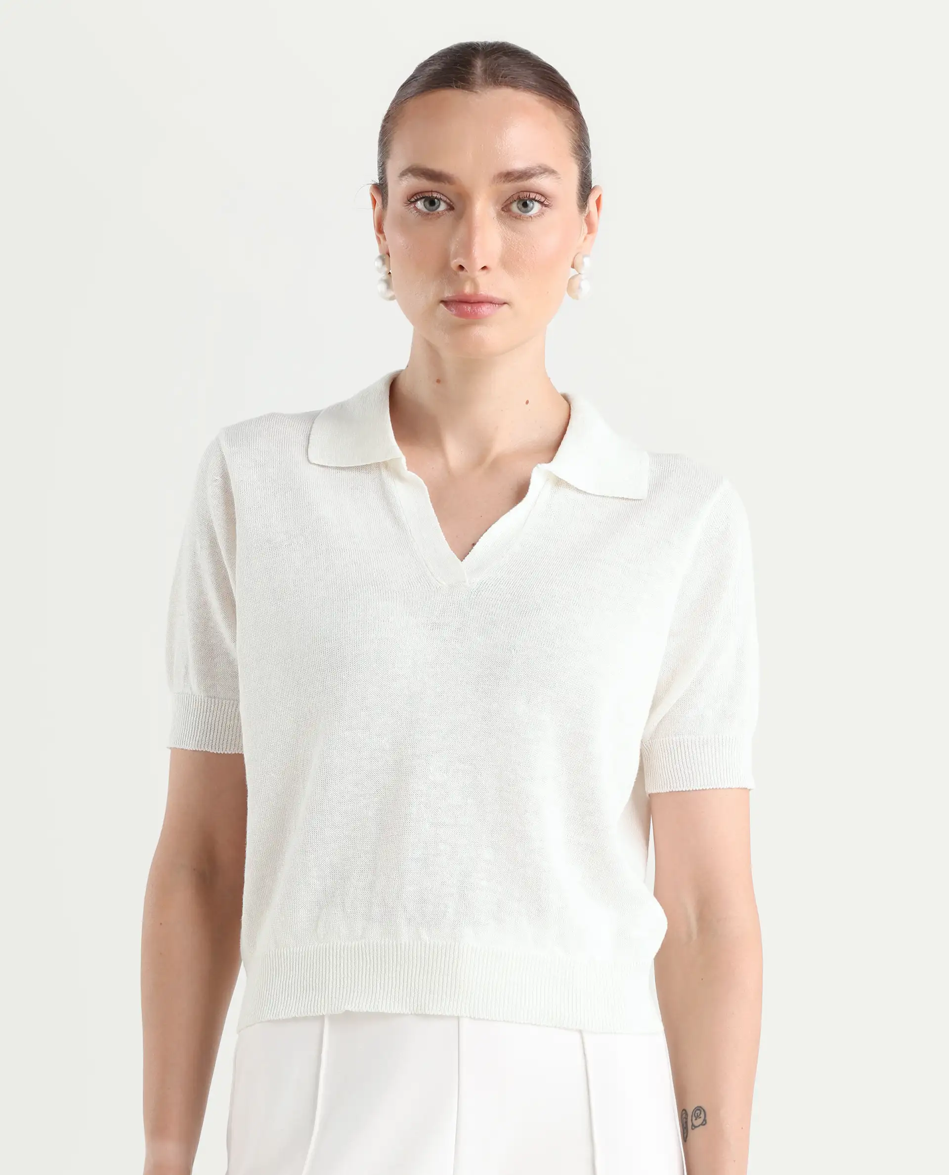 Rareism Women's Basel - Off White Cotton Linen Polo Neck Plain Regular Fit Polo - Image 3