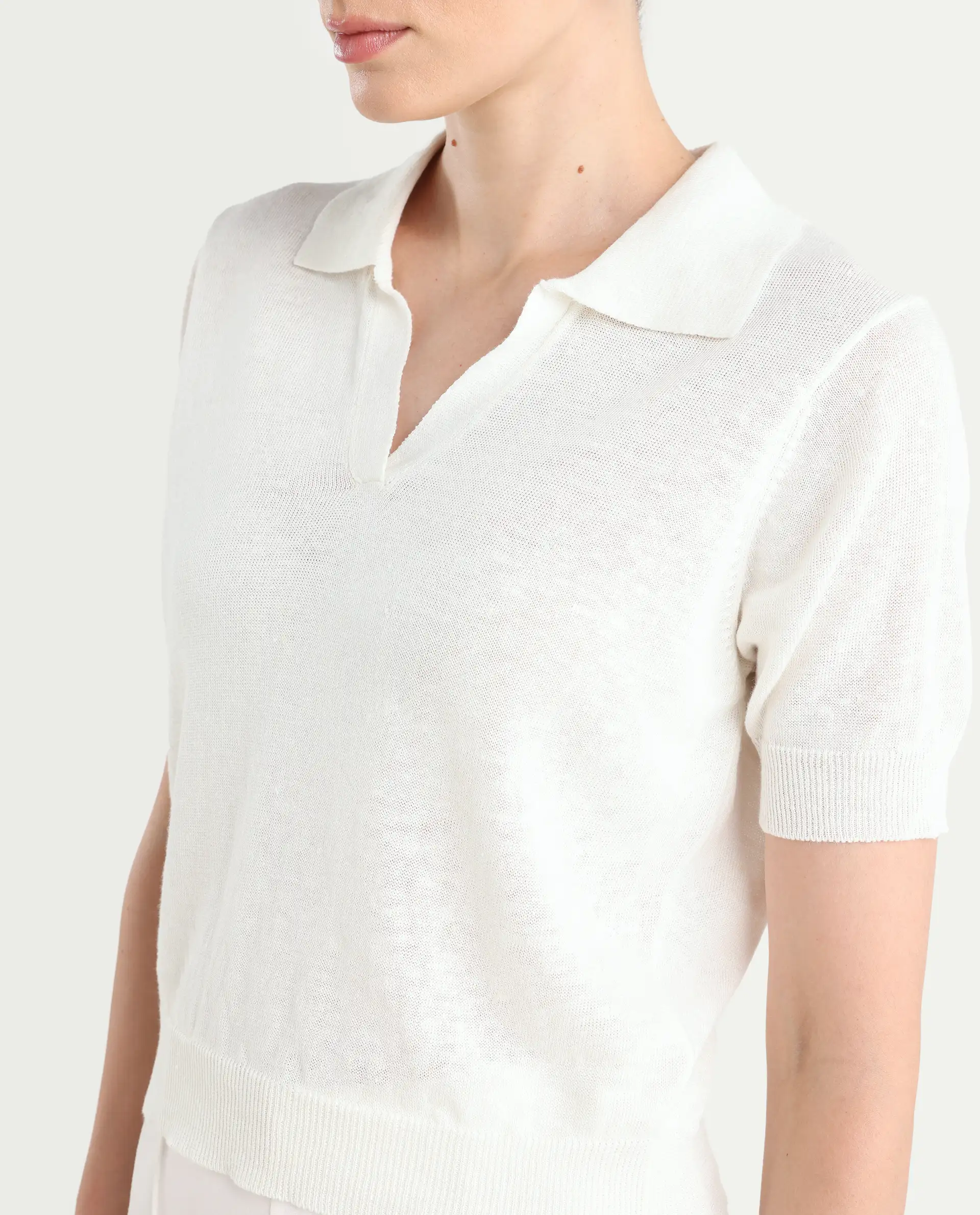 Rareism Women's Basel - Off White Cotton Linen Polo Neck Plain Regular Fit Polo - Image 4