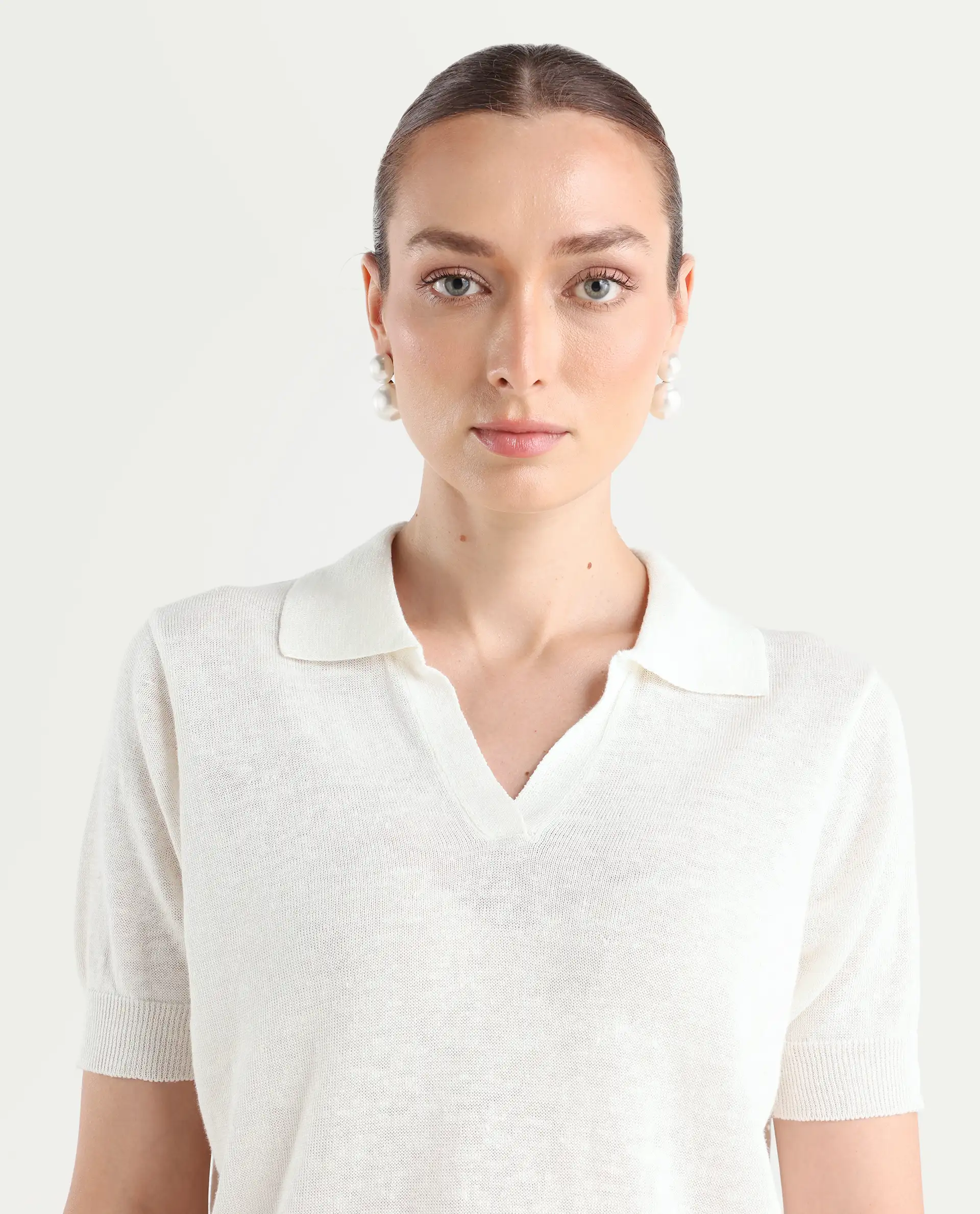 Rareism Women's Basel - Off White Cotton Linen Polo Neck Plain Regular Fit Polo - Image 5