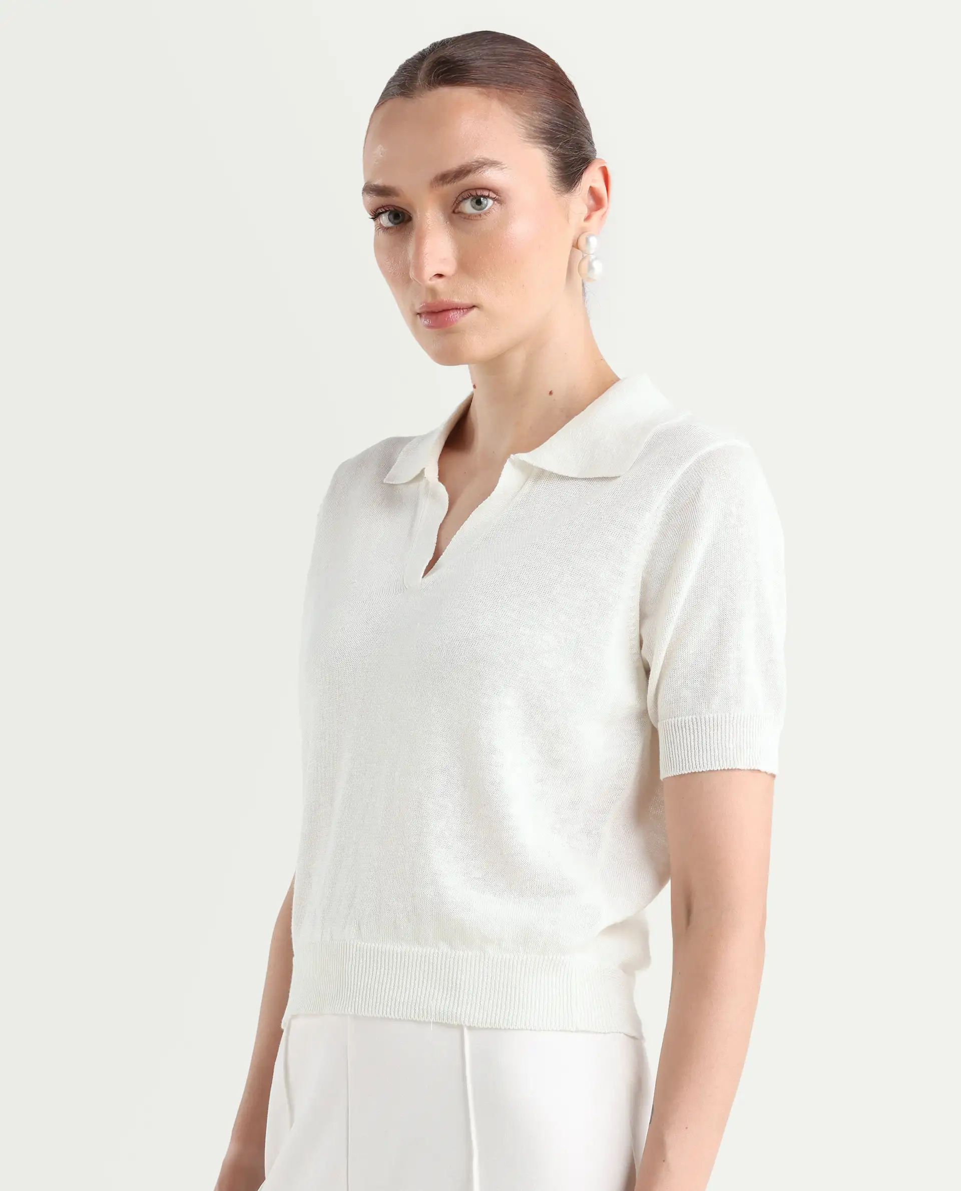 Rareism Women's Basel - Off White Cotton Linen Polo Neck Plain Regular Fit Polo - Image 6