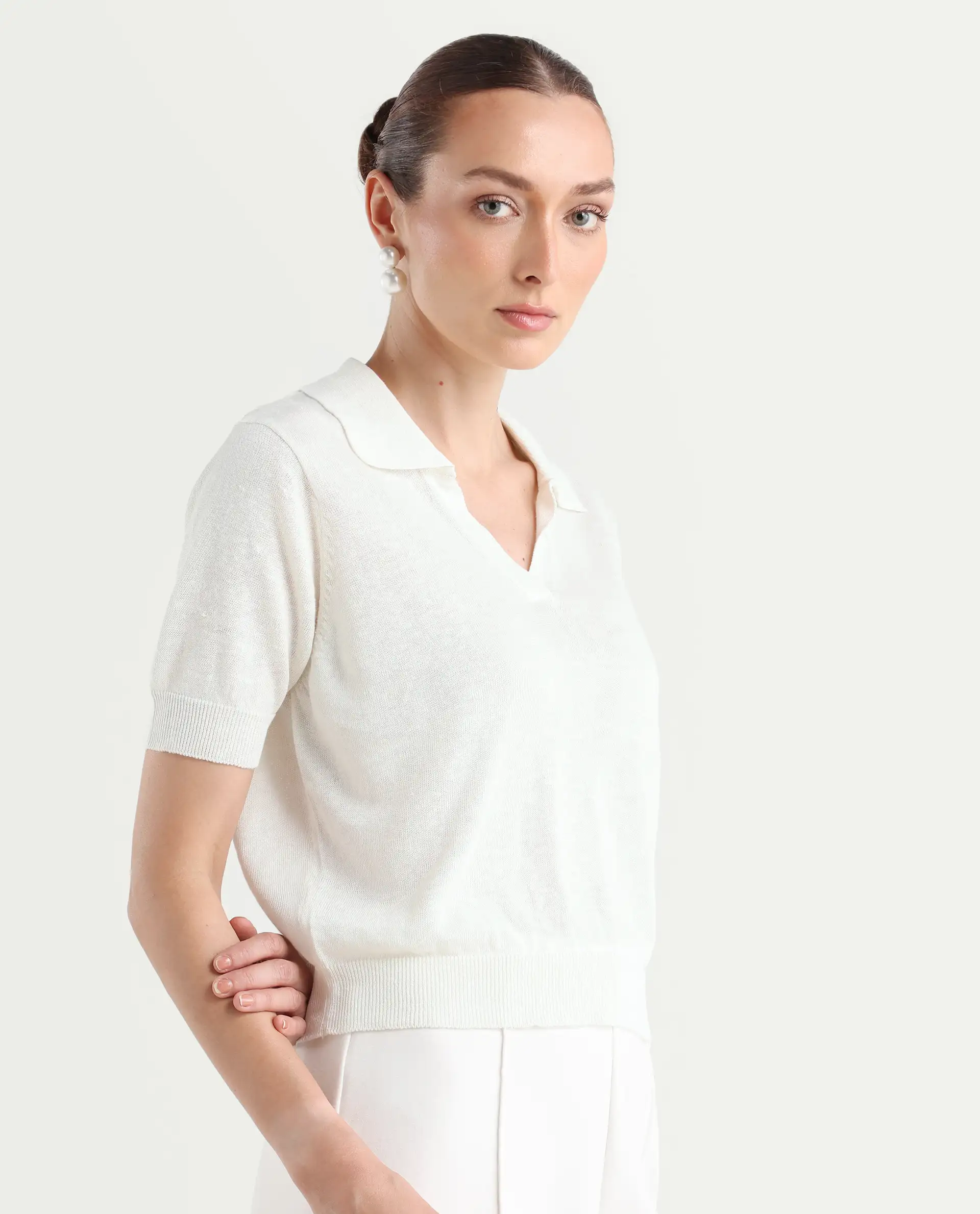 Rareism Women's Basel - Off White Cotton Linen Polo Neck Plain Regular Fit Polo - Image 7