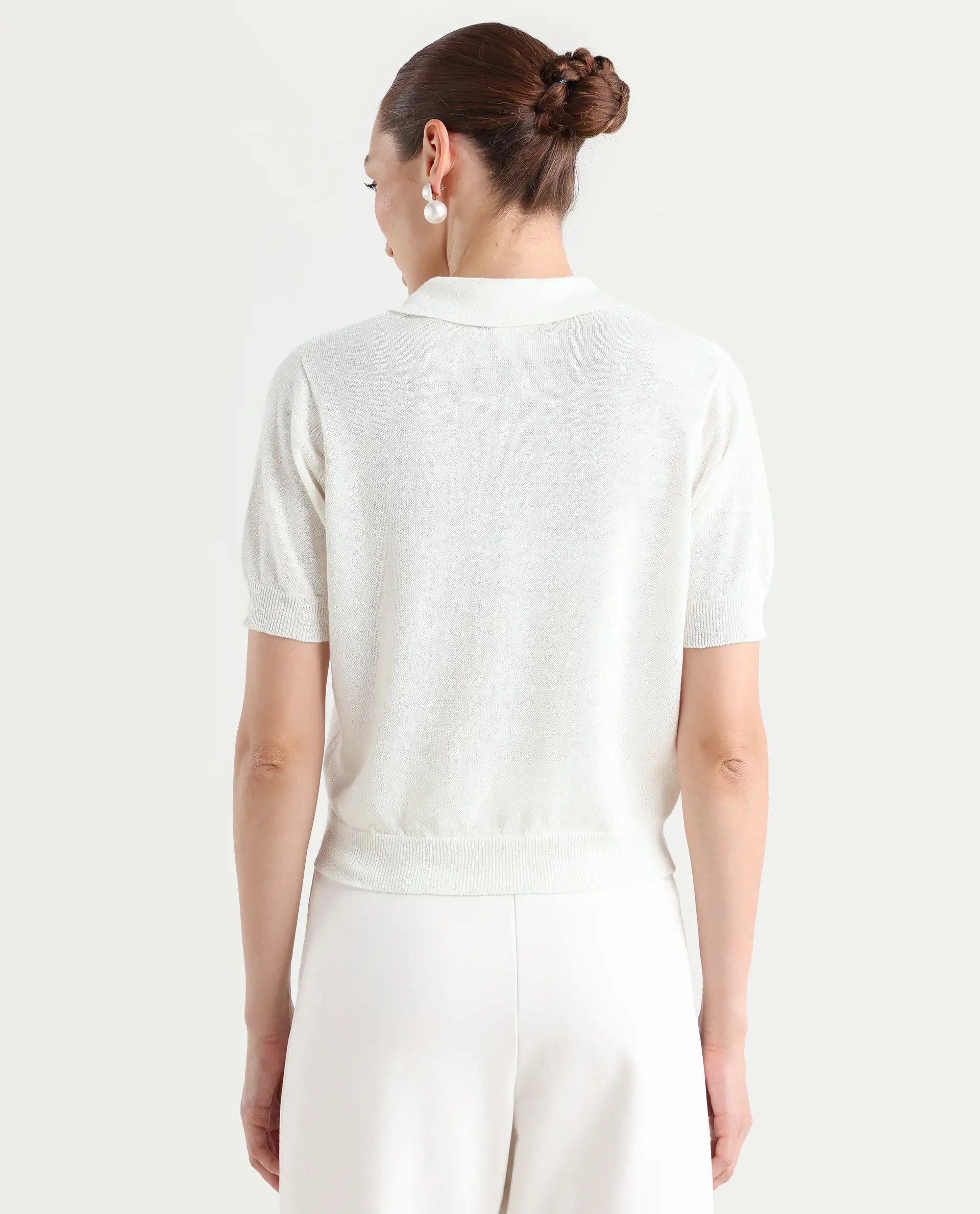 Rareism Women's Basel - Off White Cotton Linen Polo Neck Plain Regular Fit Polo - Image 8
