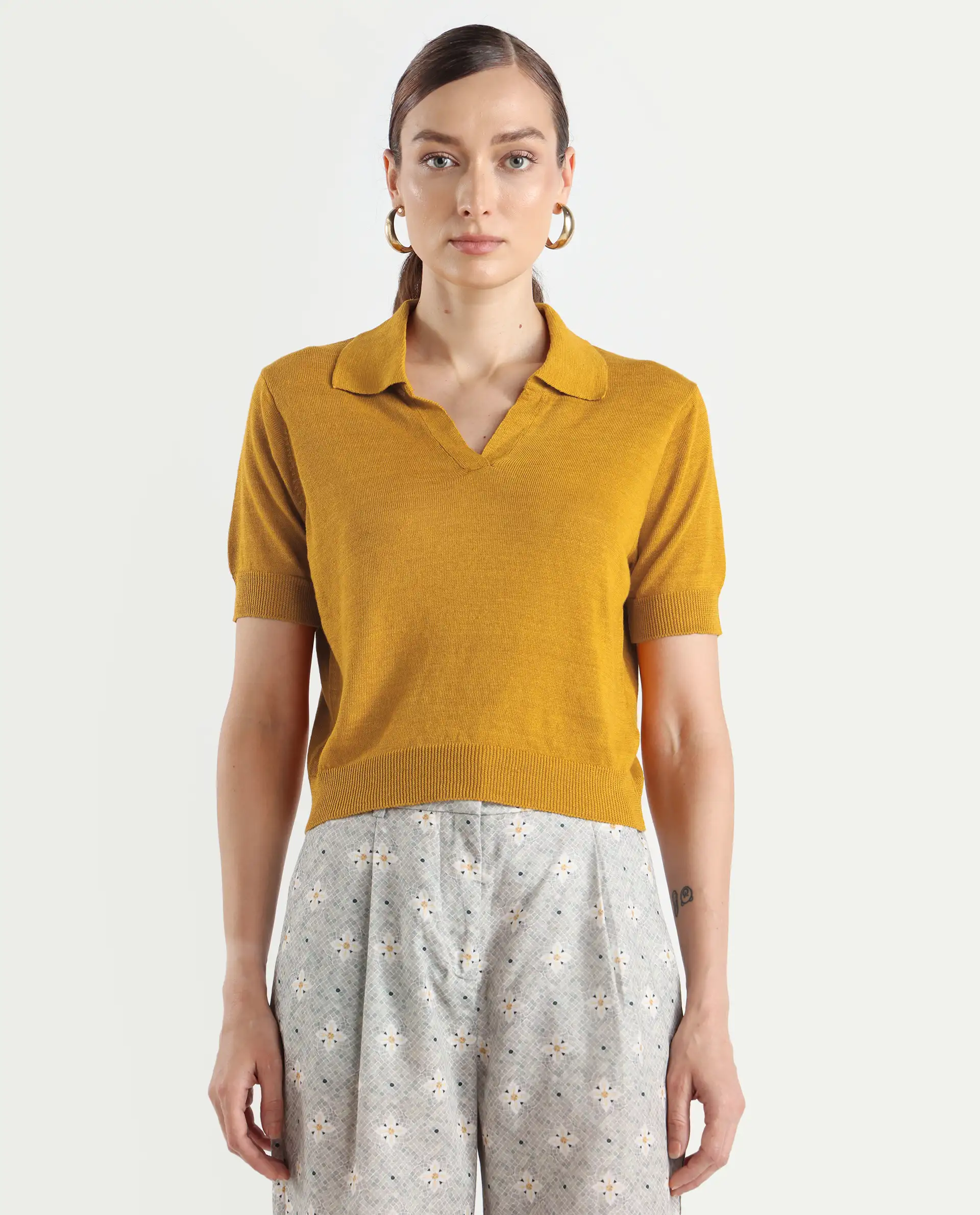 Rareism Women's Basel Yellow Cotton Linen Polo Neck Plain Regular Fit Polo - Image 3
