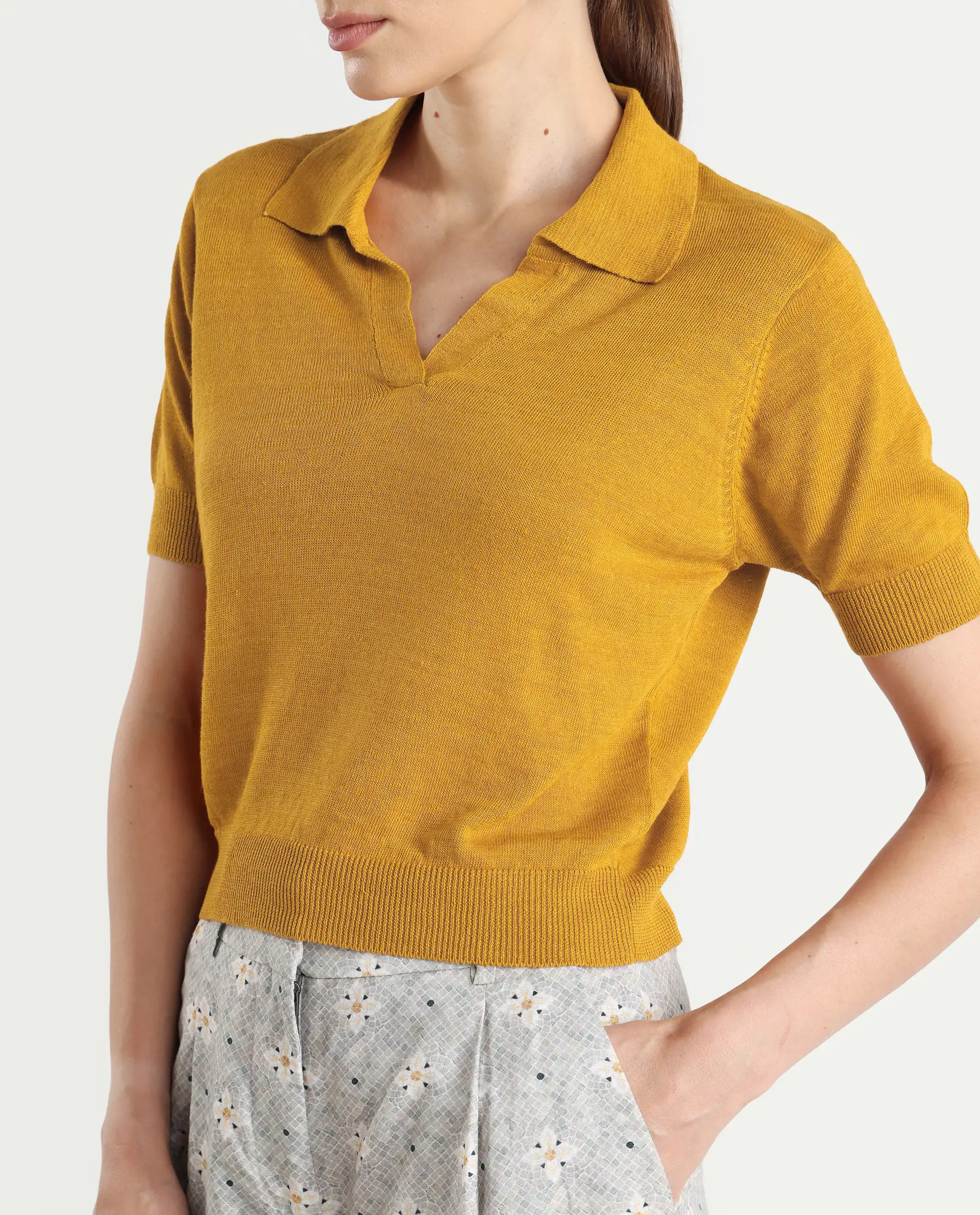 Rareism Women's Basel Yellow Cotton Linen Polo Neck Plain Regular Fit Polo - Image 4
