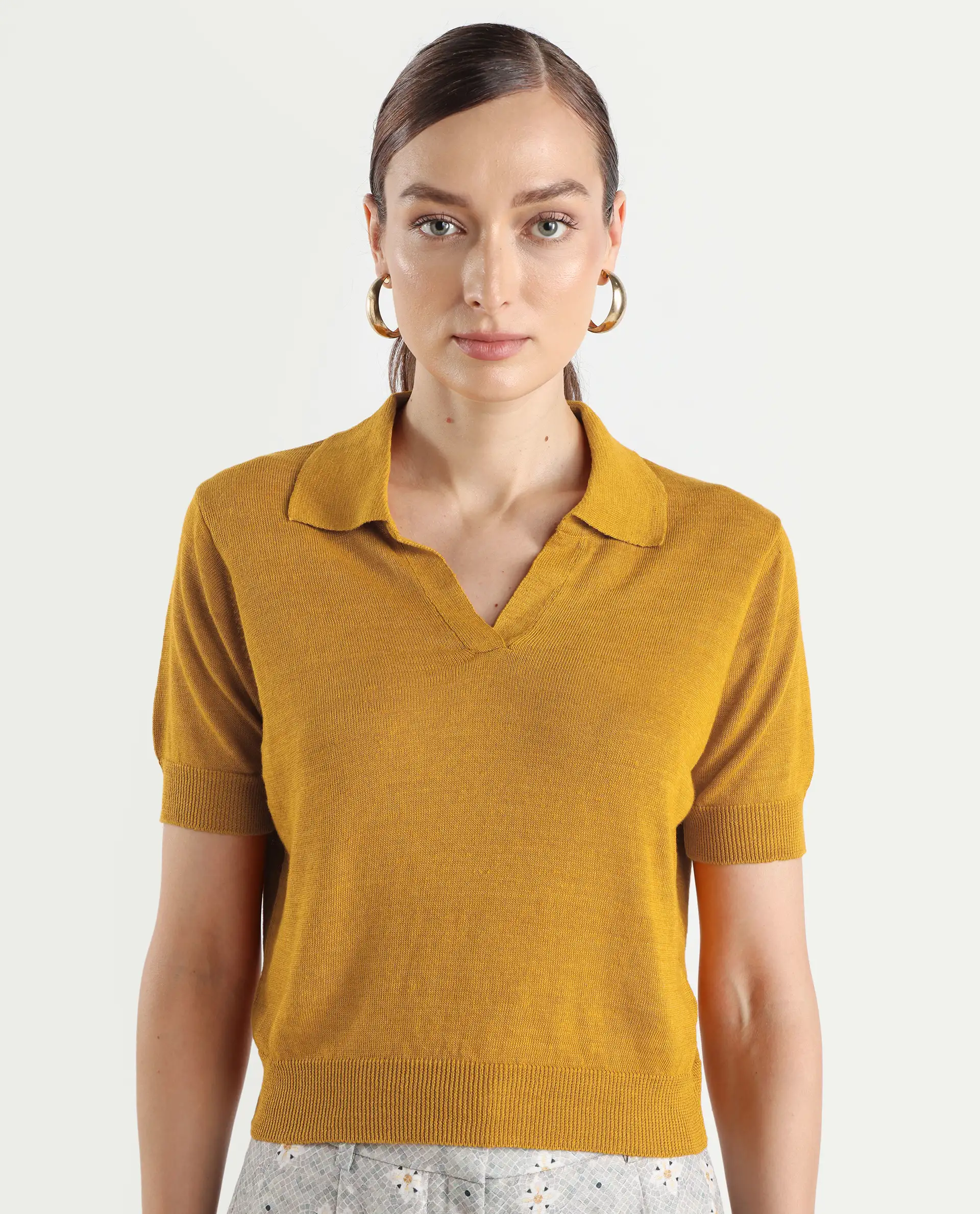 Rareism Women's Basel Yellow Cotton Linen Polo Neck Plain Regular Fit Polo - Image 5
