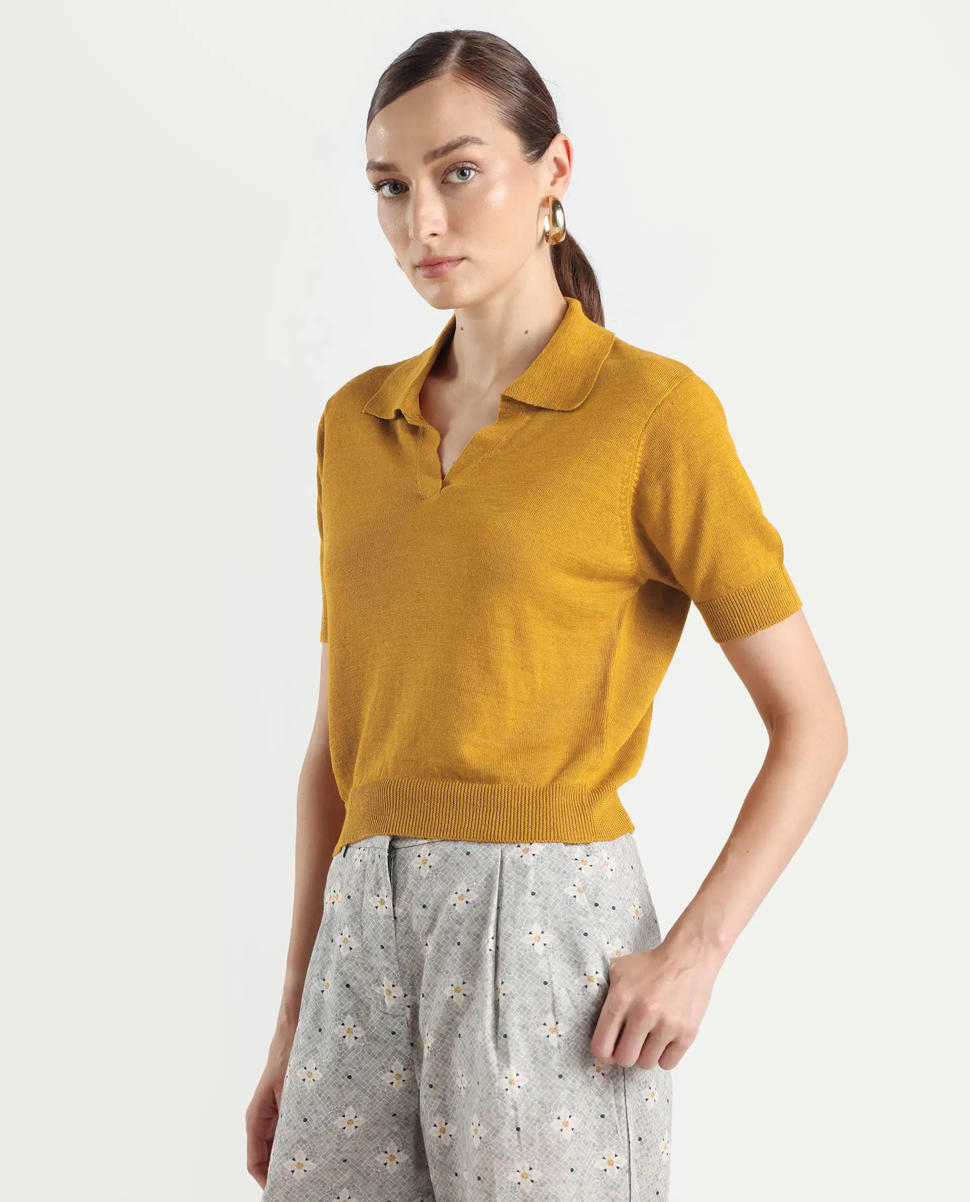 Rareism Women's Basel Yellow Cotton Linen Polo Neck Plain Regular Fit Polo - Image 6