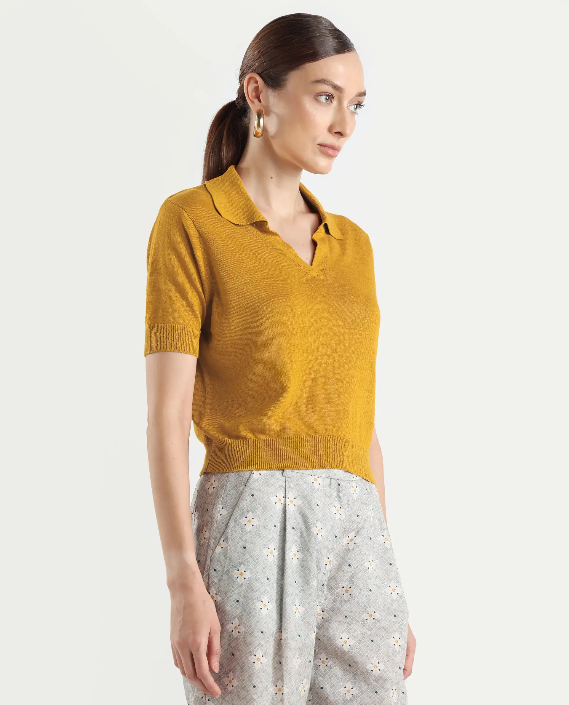 Rareism Women's Basel Yellow Cotton Linen Polo Neck Plain Regular Fit Polo - Image 7
