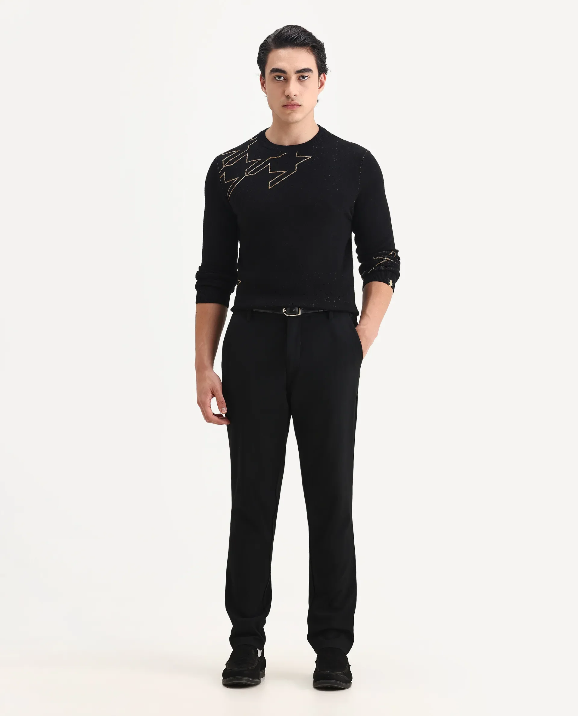 Rare Rabbit Men's Baset Black Polyester Jacquard Regular Fit Full Sleeve Crew Neck Sweater - Image 2