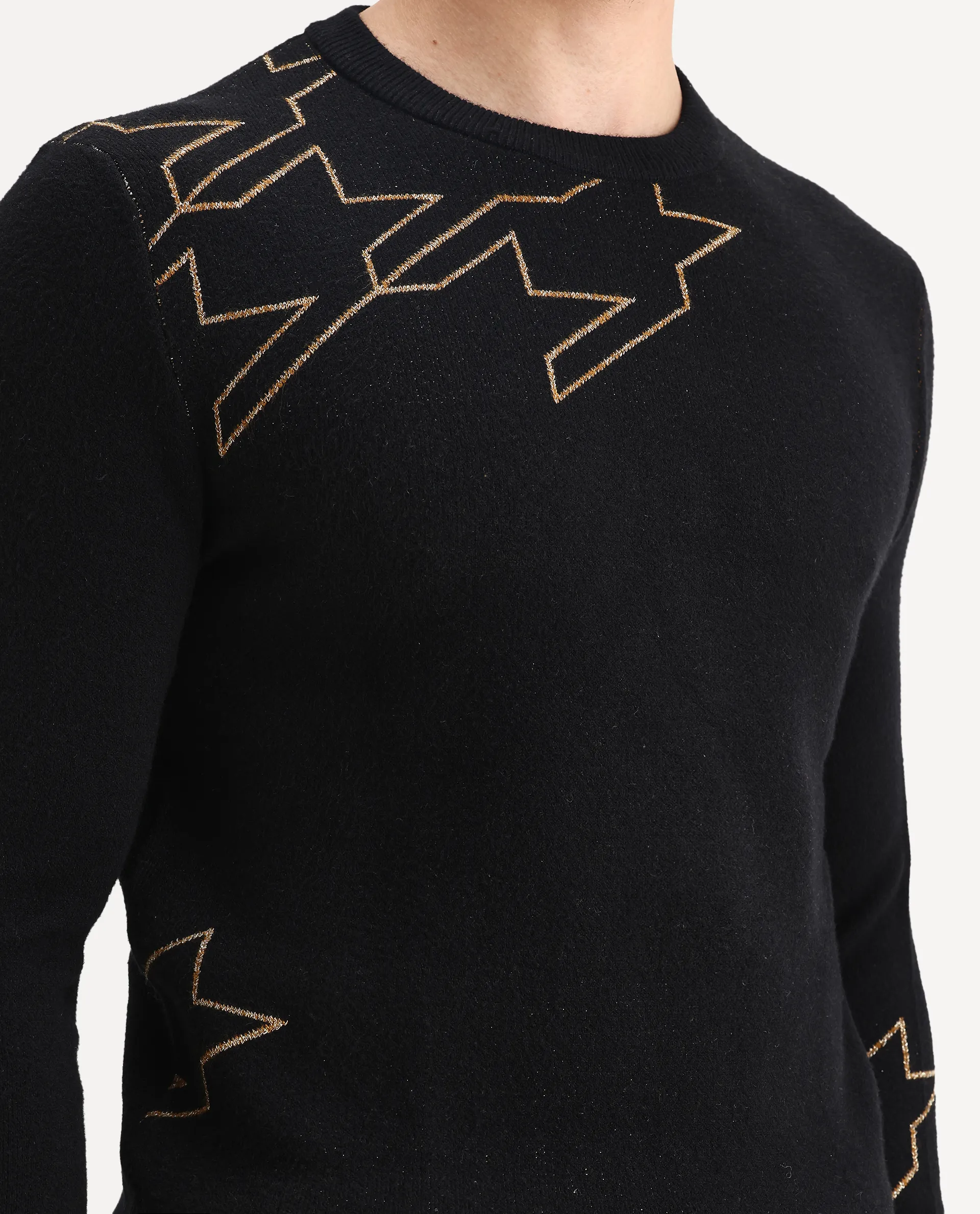 Rare Rabbit Men's Baset Black Polyester Jacquard Regular Fit Full Sleeve Crew Neck Sweater - Image 3
