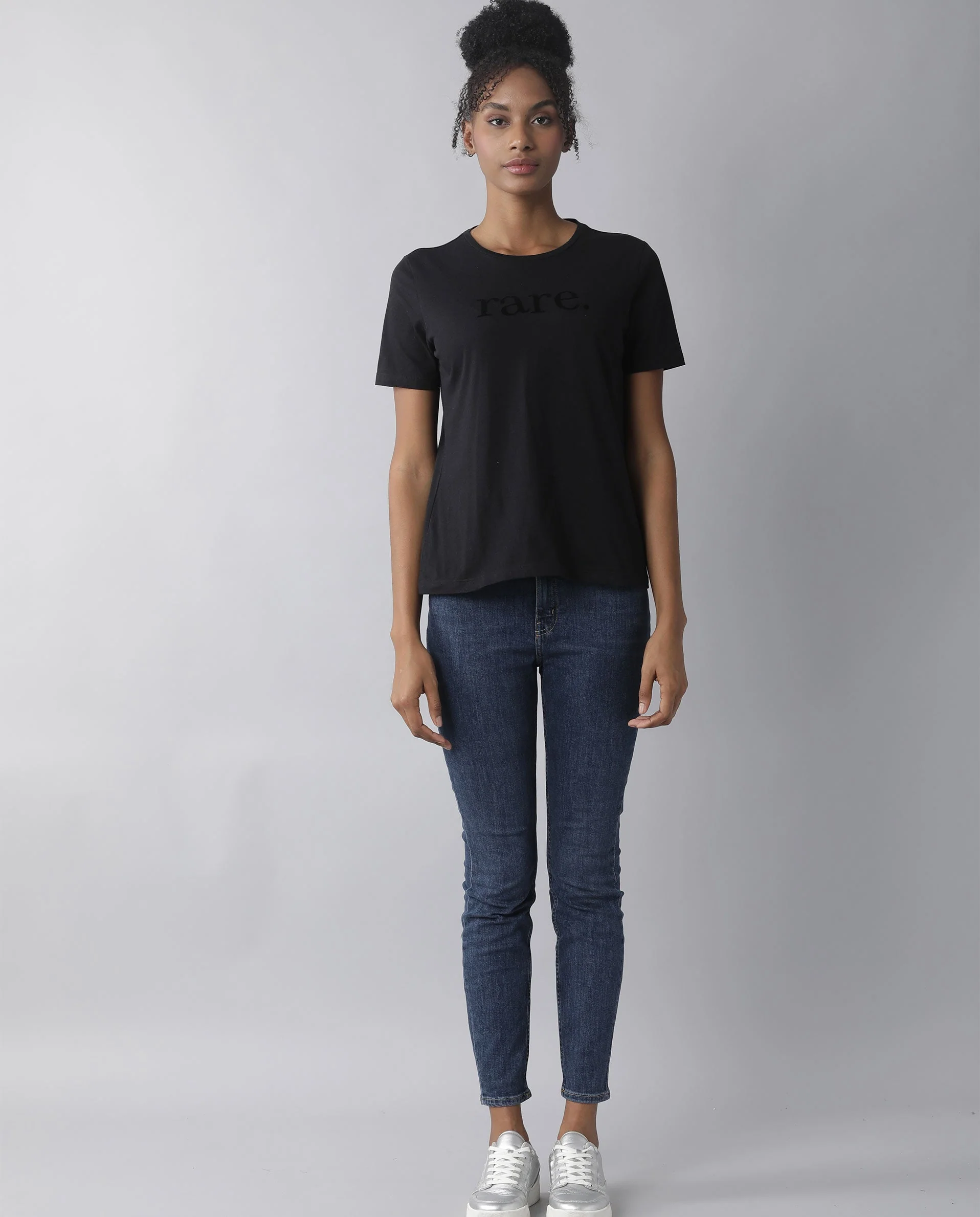 Rareism Womens Basic Tee 2 Black T-Shirt Cotton Fabric Fitted Fit Short Sleeve Round Neck - Image 3