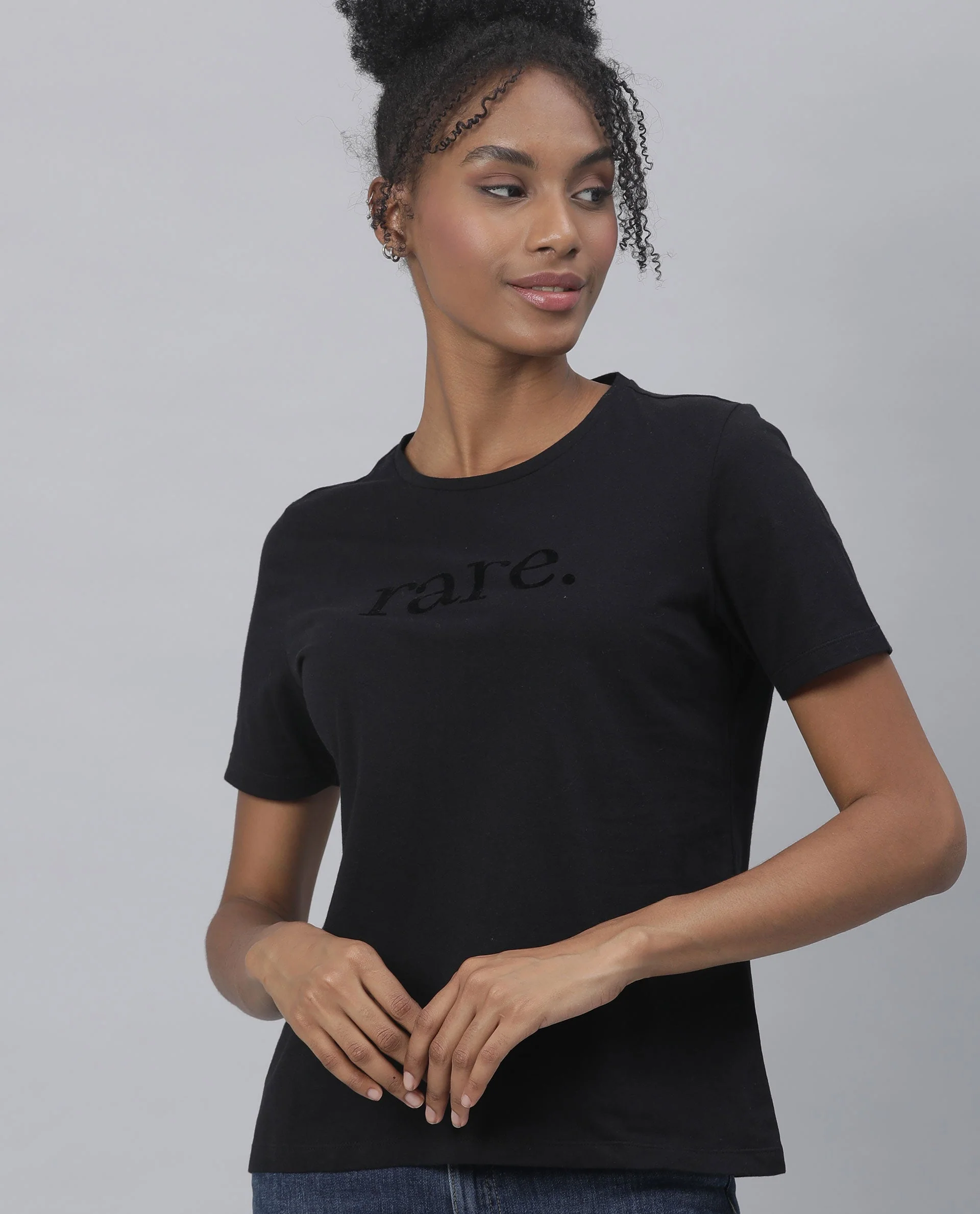 Rareism Womens Basic Tee 2 Black T-Shirt Cotton Fabric Fitted Fit Short Sleeve Round Neck - Image 5