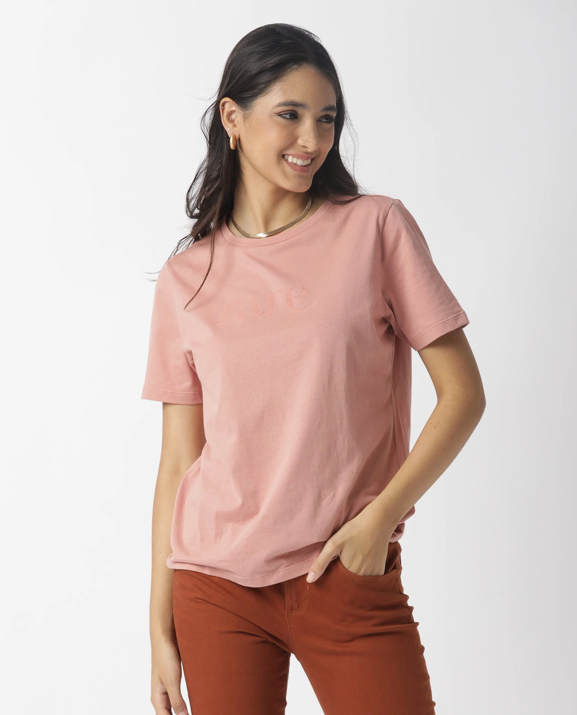 Rareism Womens Basic Tee 2 Pink T-Shirt Cotton Fabric Fitted Fit Short Sleeve Round Neck - Image 2