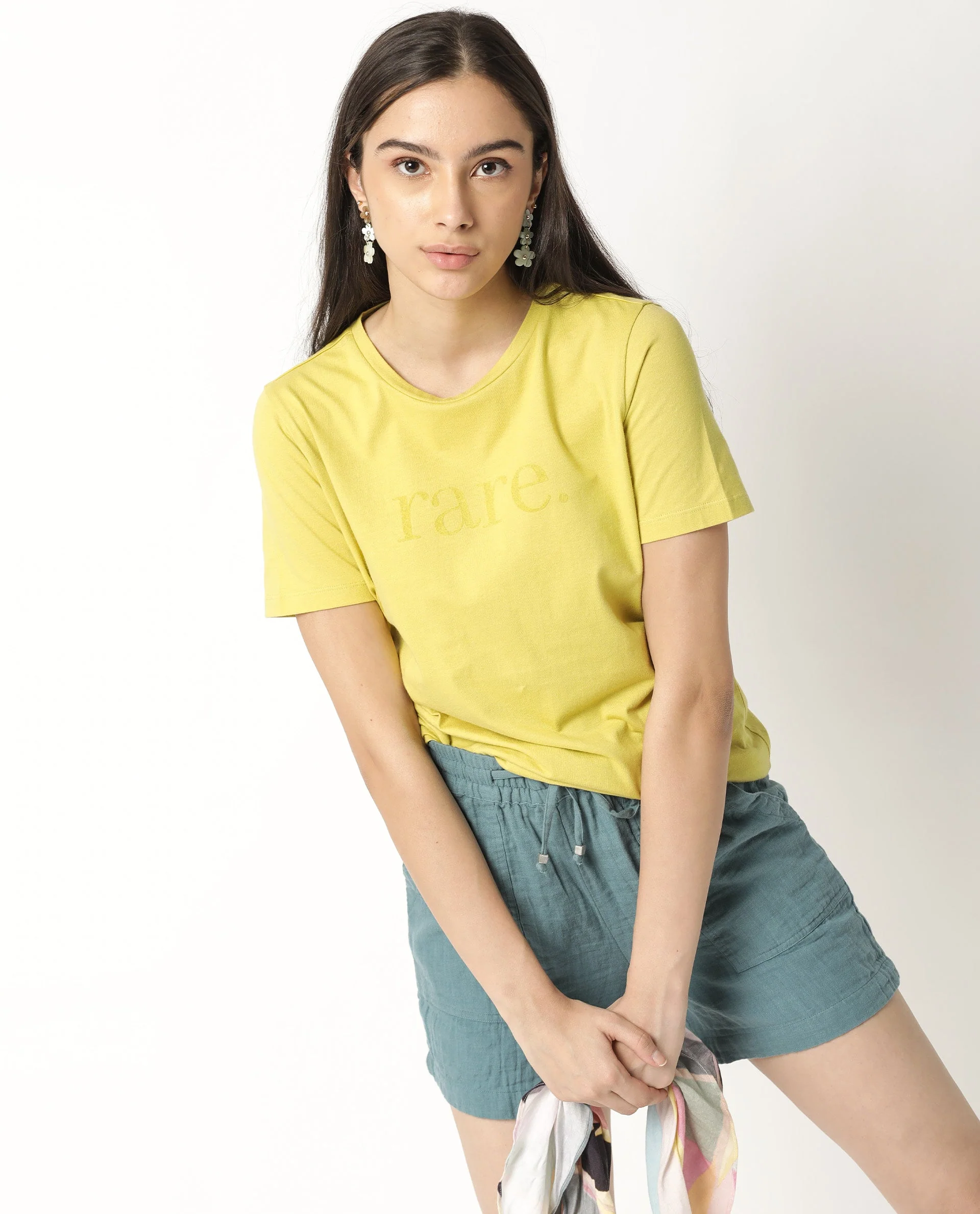 Rareism Womens Basic Tee 2 Yellow T-Shirt Cotton Fabric Fitted Fit Short Sleeve Round Neck