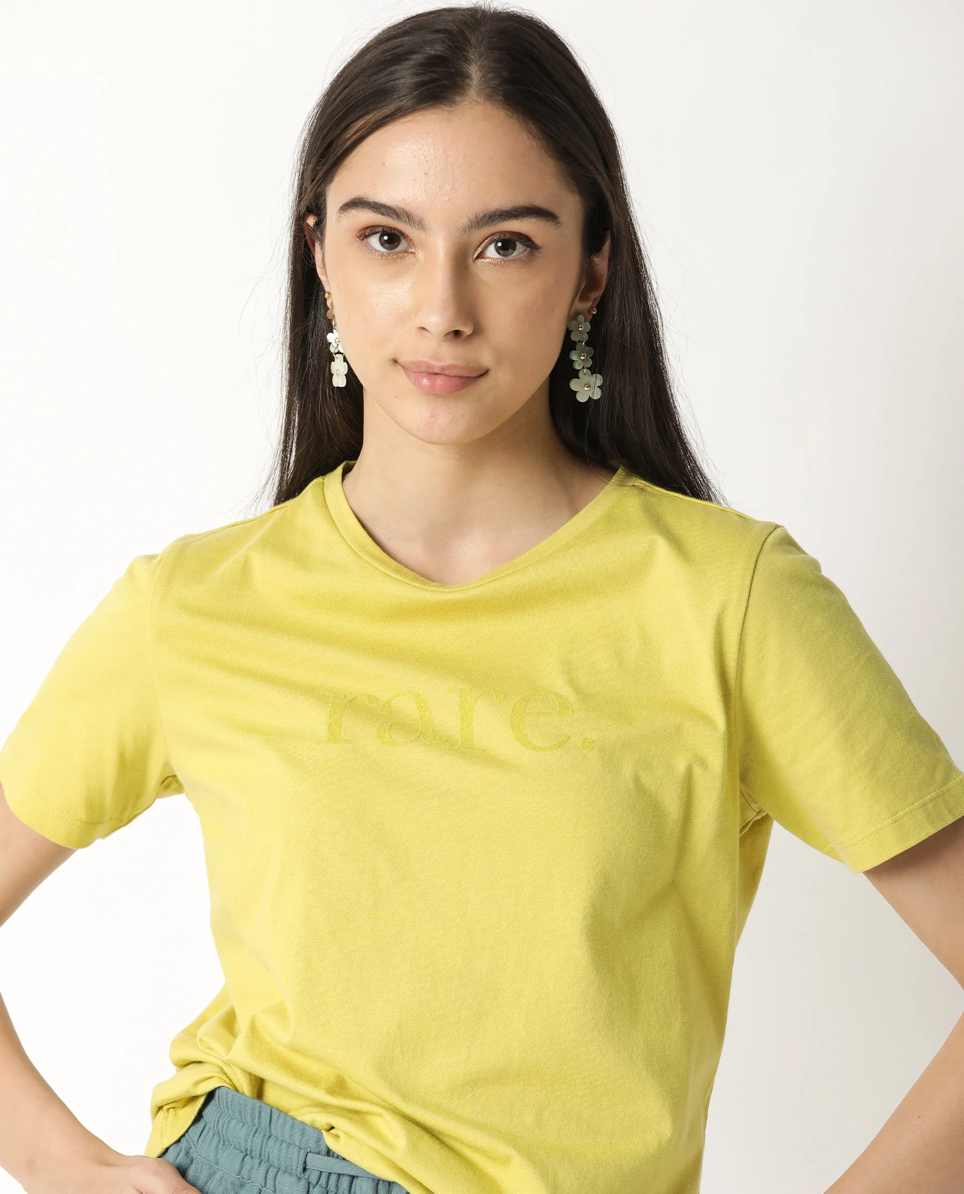 Rareism Womens Basic Tee 2 Yellow T-Shirt Cotton Fabric Fitted Fit Short Sleeve Round Neck - Image 4