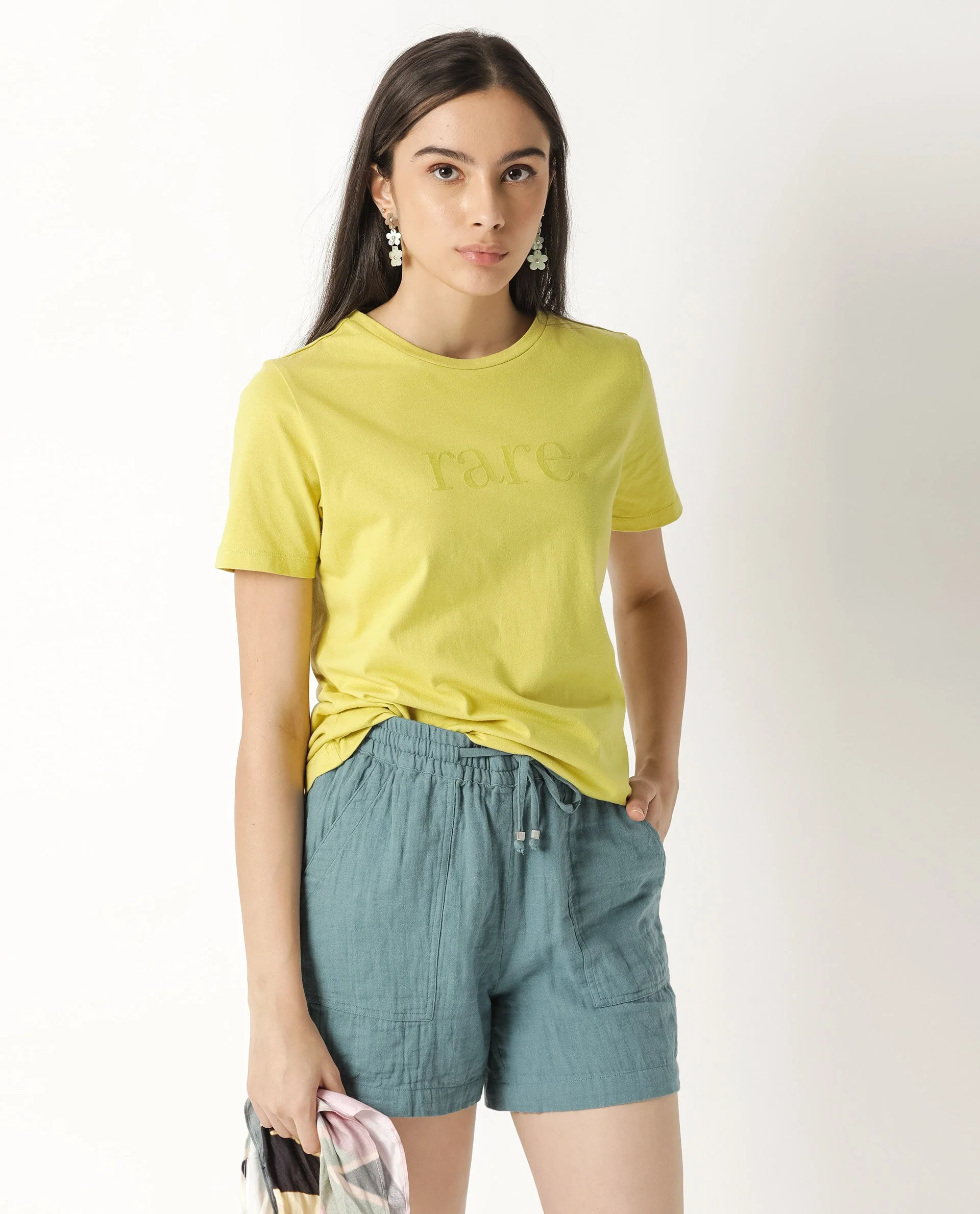 Rareism Womens Basic Tee 2 Yellow T-Shirt Cotton Fabric Fitted Fit Short Sleeve Round Neck - Image 6