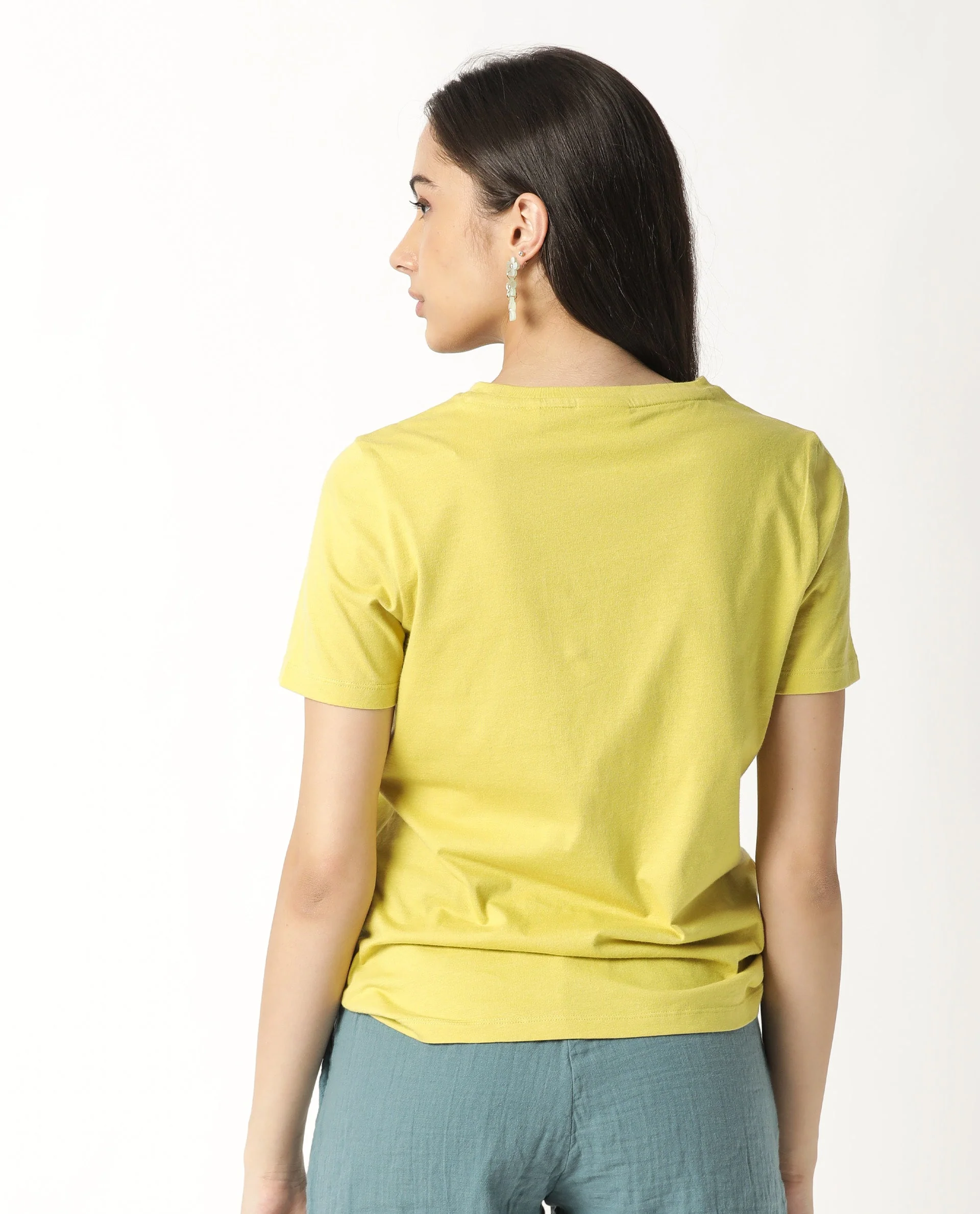Rareism Womens Basic Tee 2 Yellow T-Shirt Cotton Fabric Fitted Fit Short Sleeve Round Neck - Image 8
