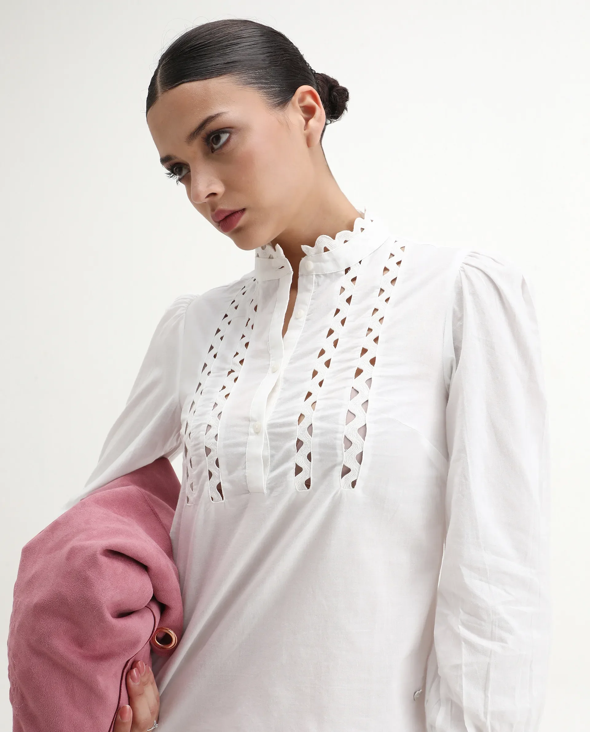 Rareism Women's Basil Off White Cotton Mandarin Collar Plain Cuffed Sleeve Regular Fit Top