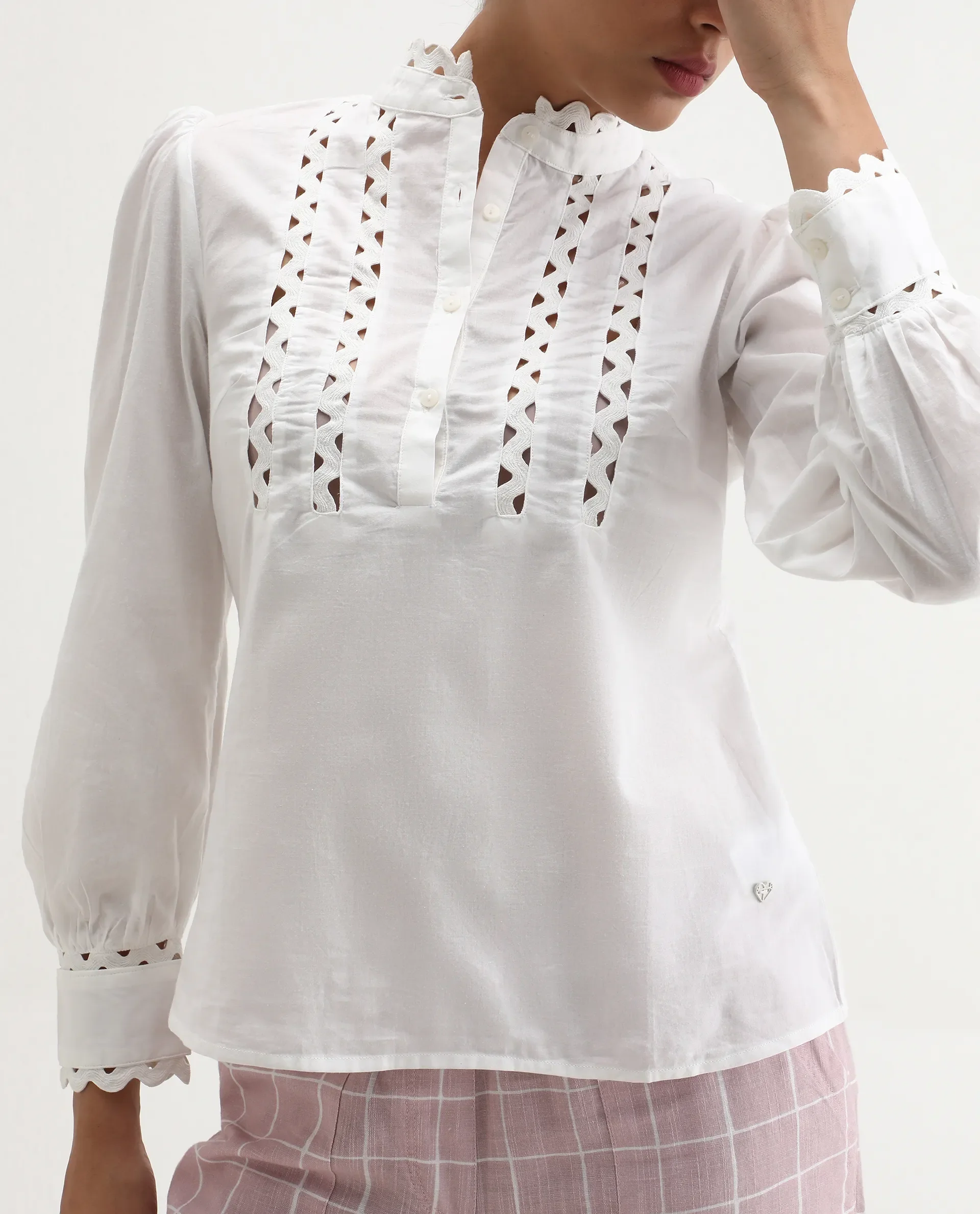 Rareism Women's Basil Off White Cotton Mandarin Collar Plain Cuffed Sleeve Regular Fit Top - Image 3