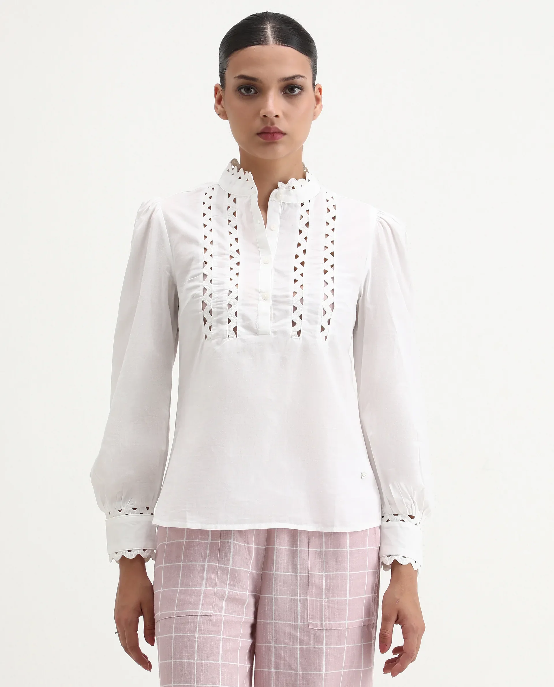 Rareism Women's Basil Off White Cotton Mandarin Collar Plain Cuffed Sleeve Regular Fit Top - Image 4