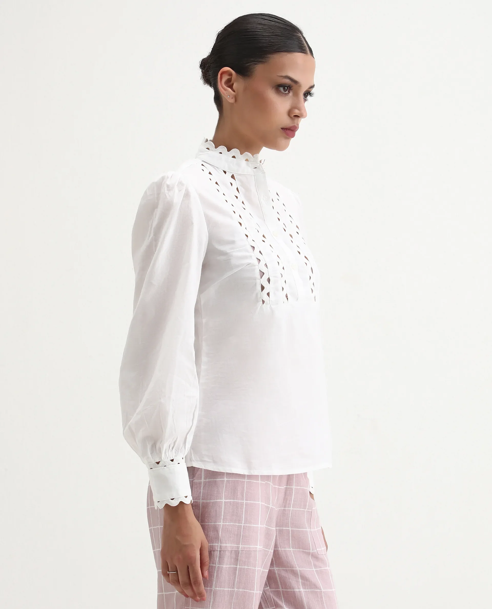 Rareism Women's Basil Off White Cotton Mandarin Collar Plain Cuffed Sleeve Regular Fit Top - Image 5