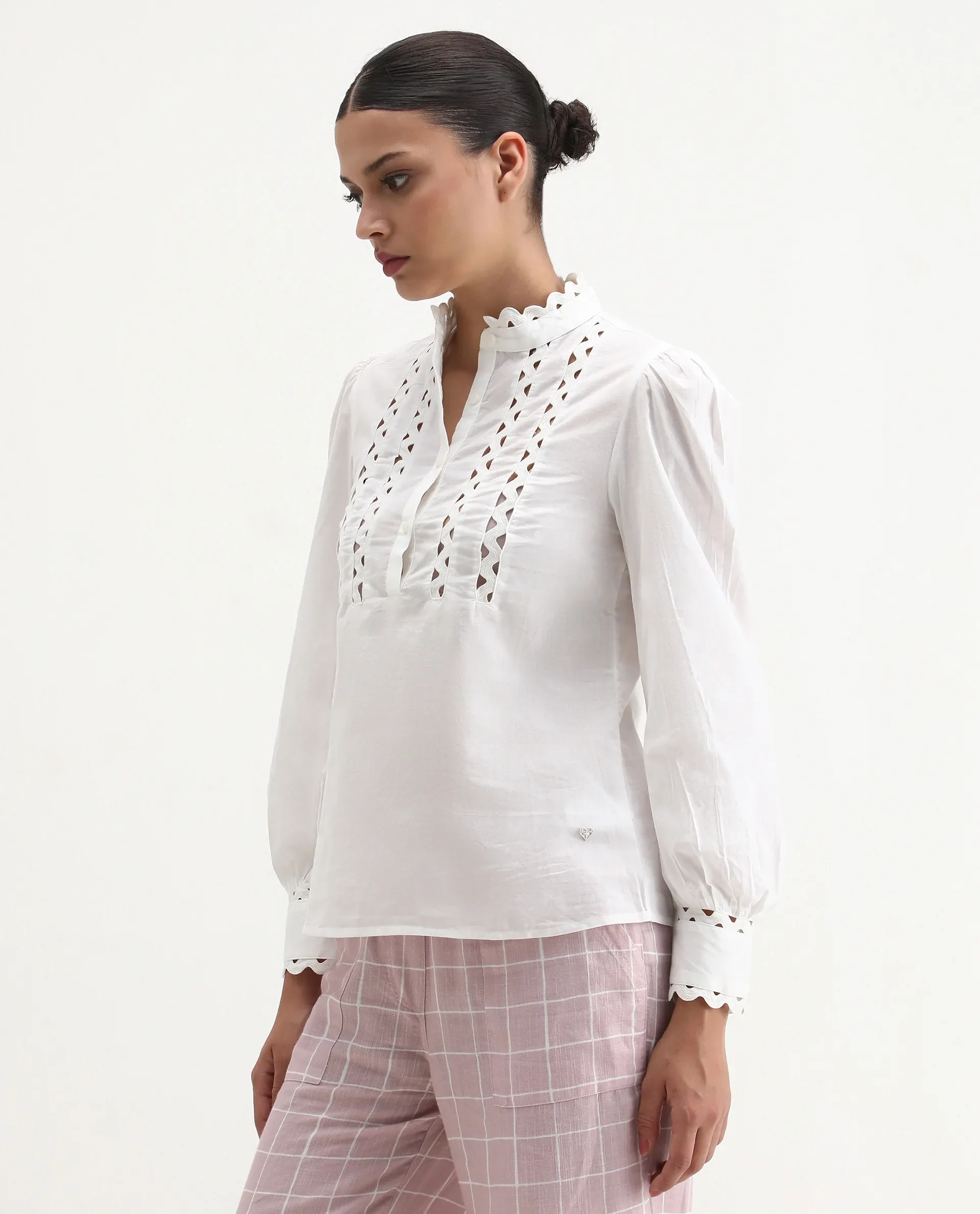 Rareism Women's Basil Off White Cotton Mandarin Collar Plain Cuffed Sleeve Regular Fit Top - Image 6