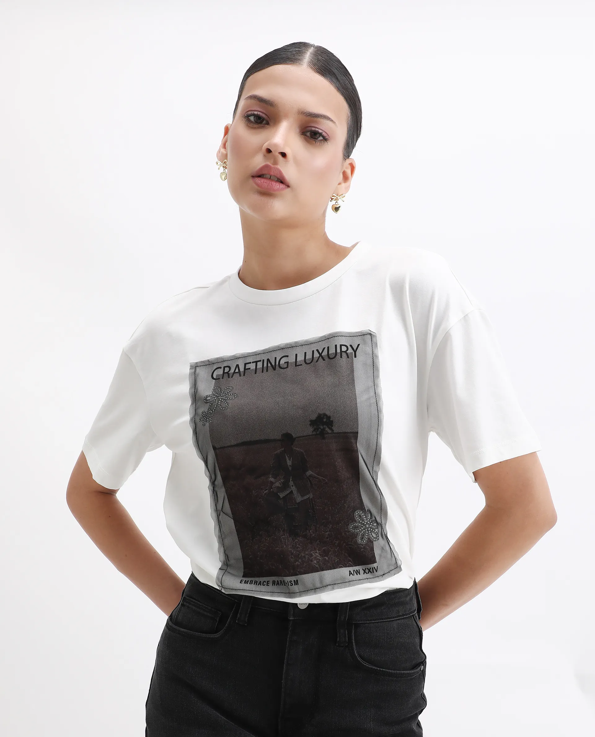 Rareism Women's Baskin Off White Cotton Blend Crew Neck Graphic Print Relaxed Fit T-Shirt