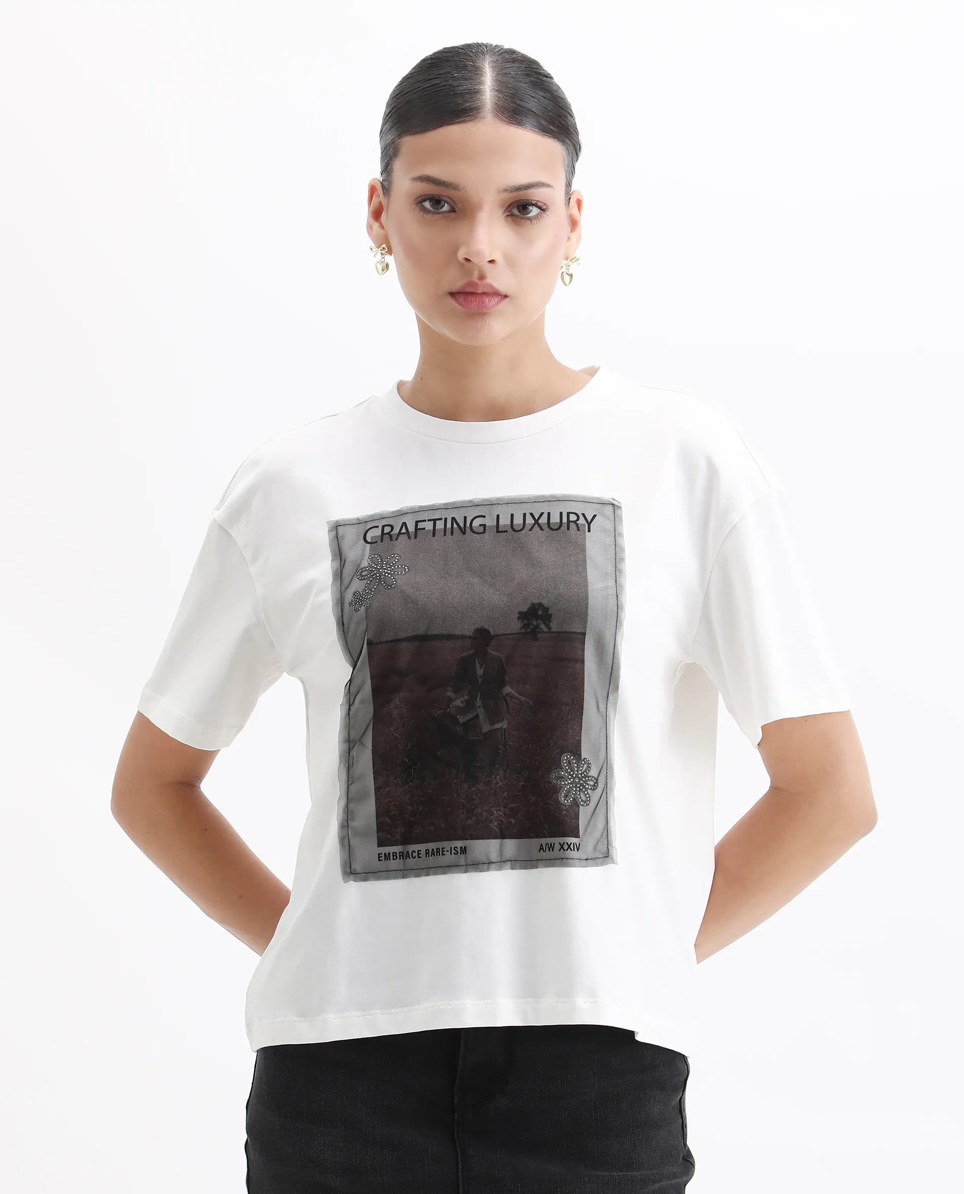 Rareism Women's Baskin Off White Cotton Blend Crew Neck Graphic Print Relaxed Fit T-Shirt - Image 4