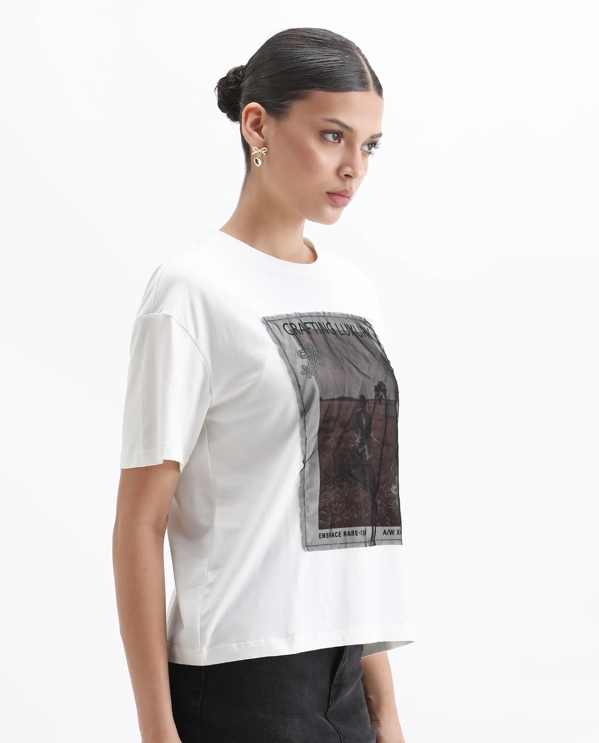 Rareism Women's Baskin Off White Cotton Blend Crew Neck Graphic Print Relaxed Fit T-Shirt - Image 5