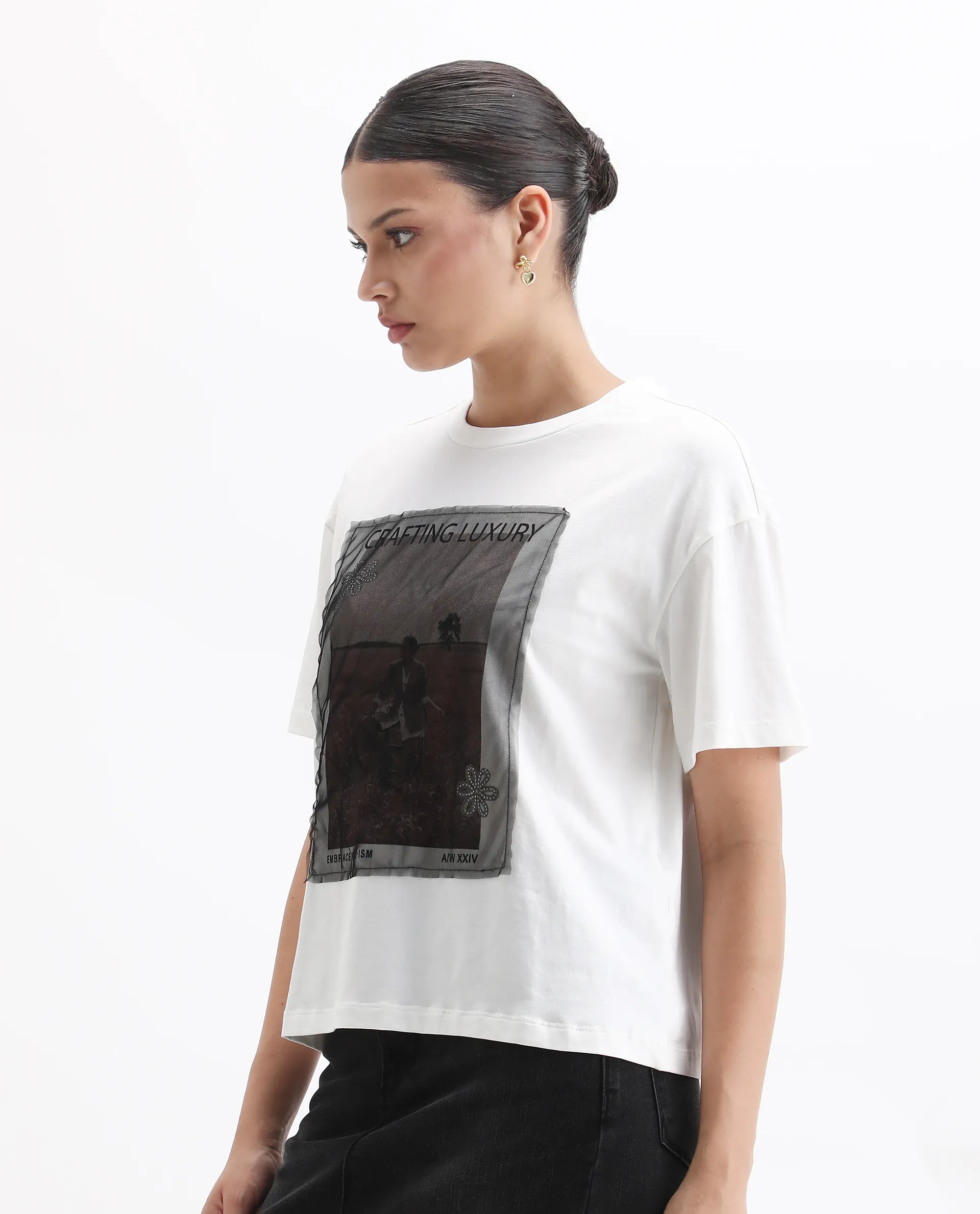 Rareism Women's Baskin Off White Cotton Blend Crew Neck Graphic Print Relaxed Fit T-Shirt - Image 6
