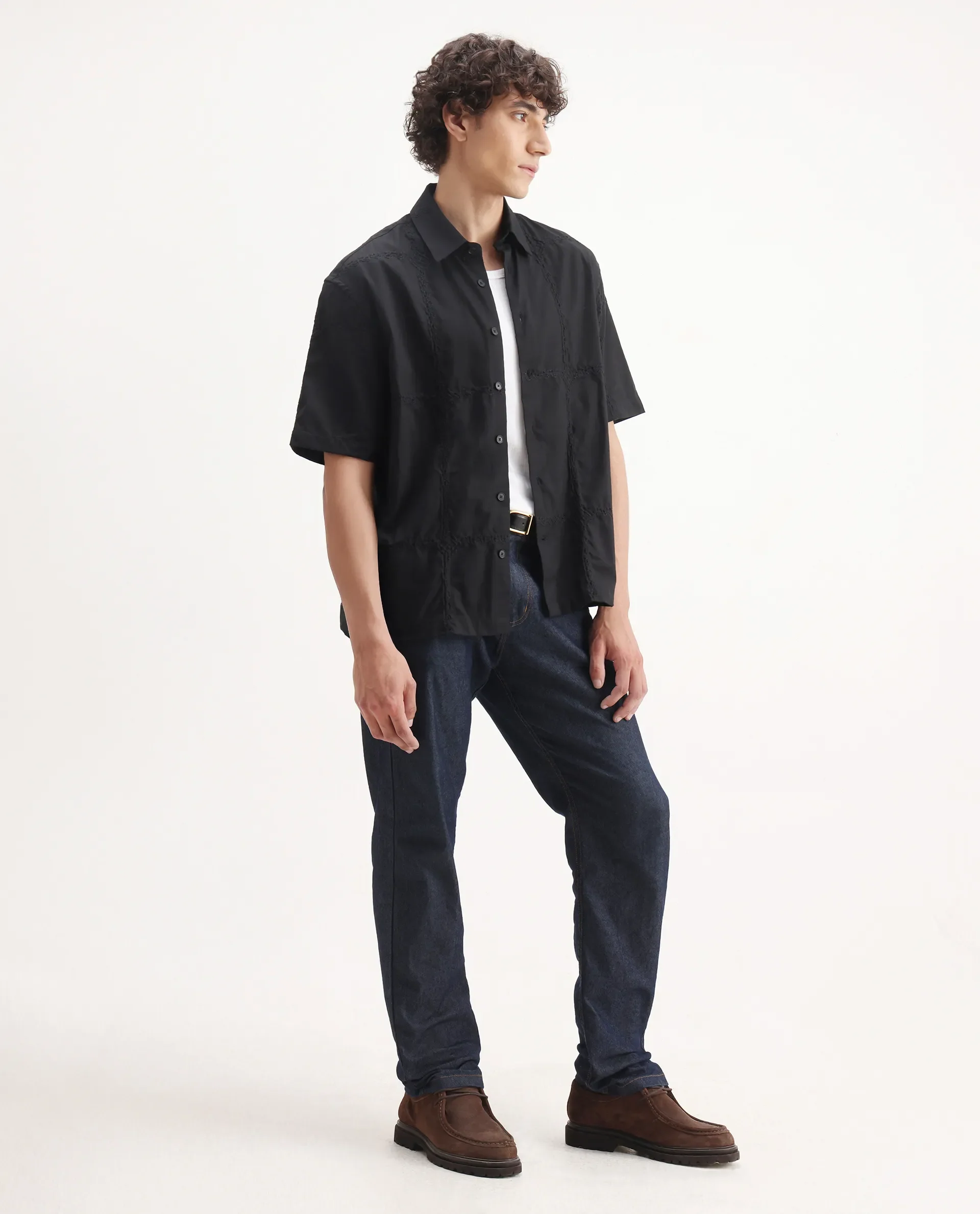 Rare Rabbit Men's Basko Black Cotton Embroidered Regular Fit Half Sleeve Collared Shirt - Image 2