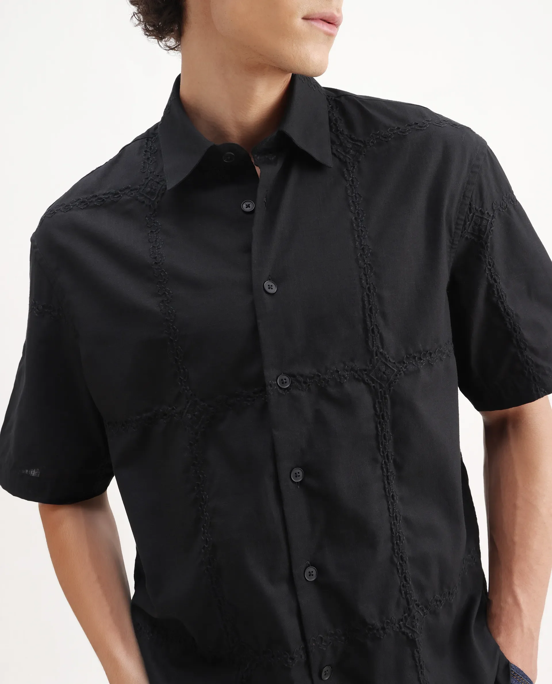 Rare Rabbit Men's Basko Black Cotton Embroidered Regular Fit Half Sleeve Collared Shirt - Image 3