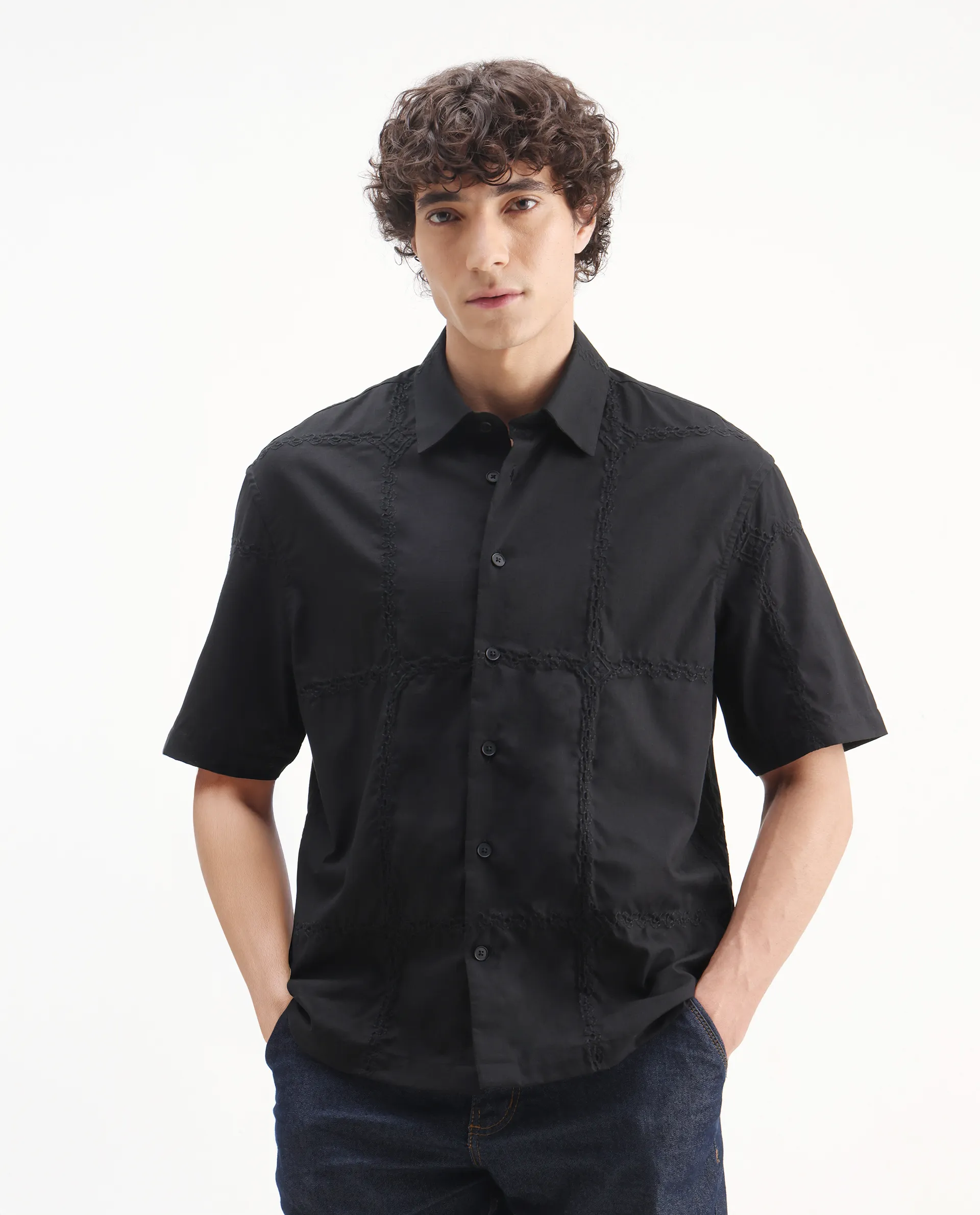 Rare Rabbit Men's Basko Black Cotton Embroidered Regular Fit Half Sleeve Collared Shirt - Image 4