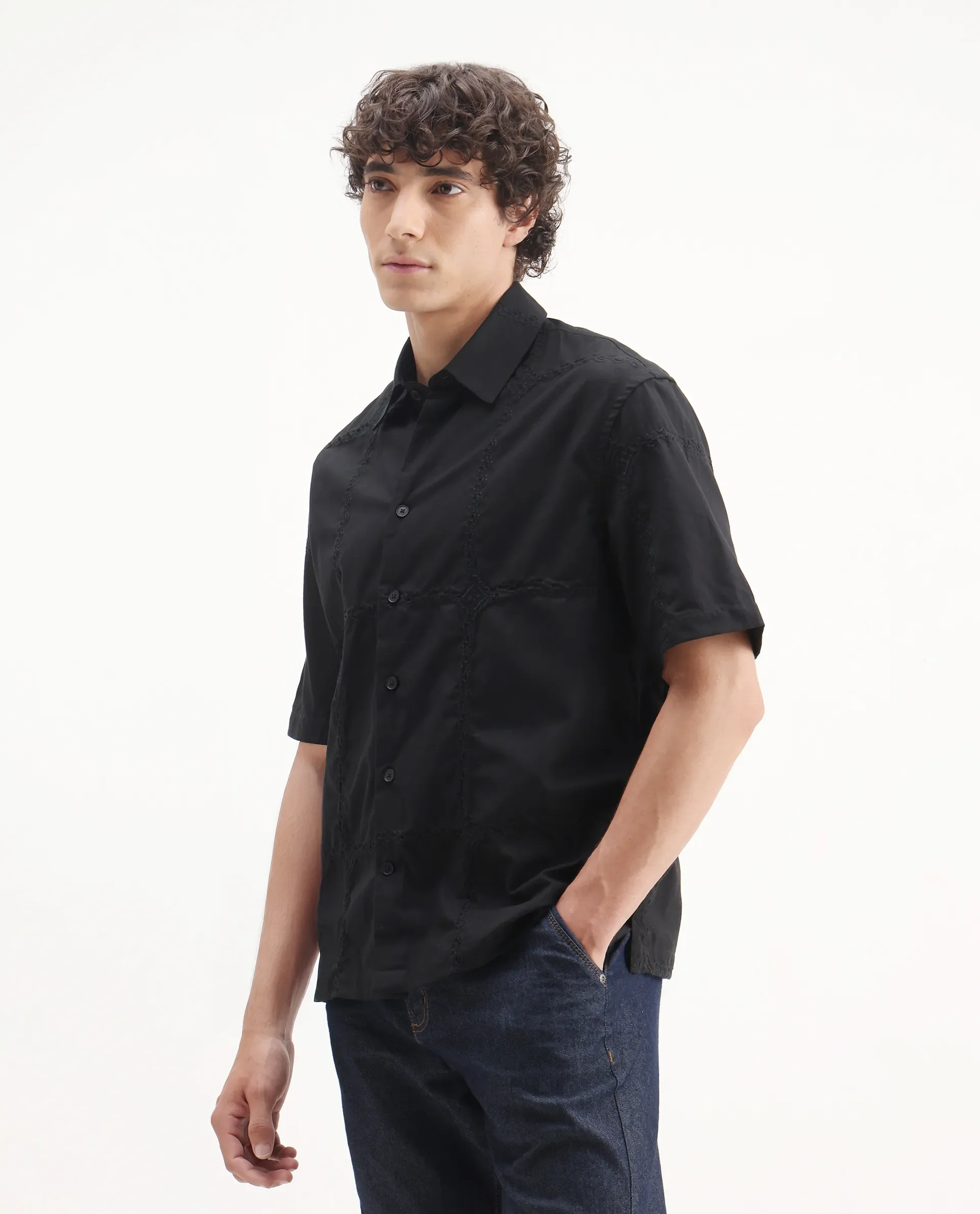 Rare Rabbit Men's Basko Black Cotton Embroidered Regular Fit Half Sleeve Collared Shirt - Image 5