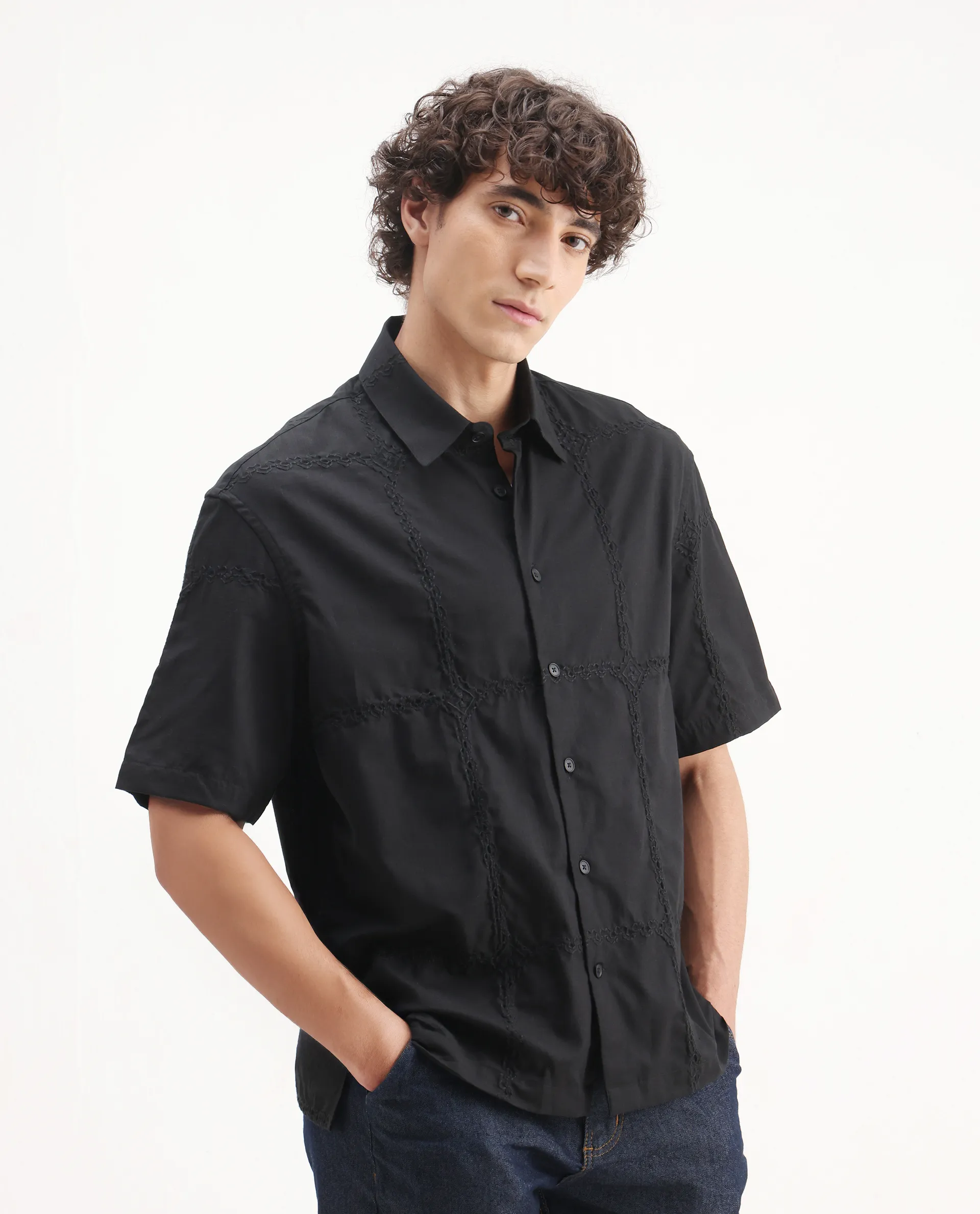 Rare Rabbit Men's Basko Black Cotton Embroidered Regular Fit Half Sleeve Collared Shirt - Image 6