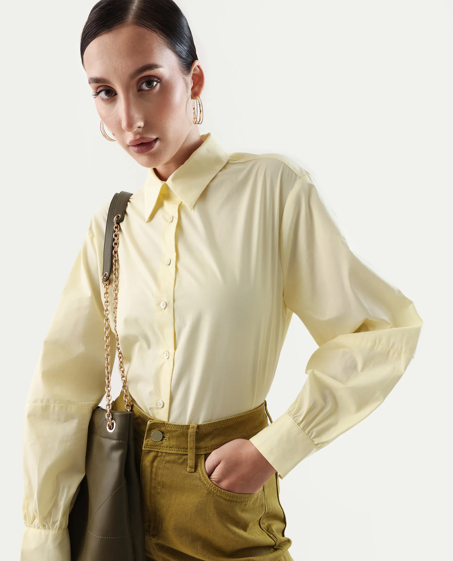 Rareism Women's Basom Yellow Cotton Collared Neck Relaxed Fit Shirt - Image 3