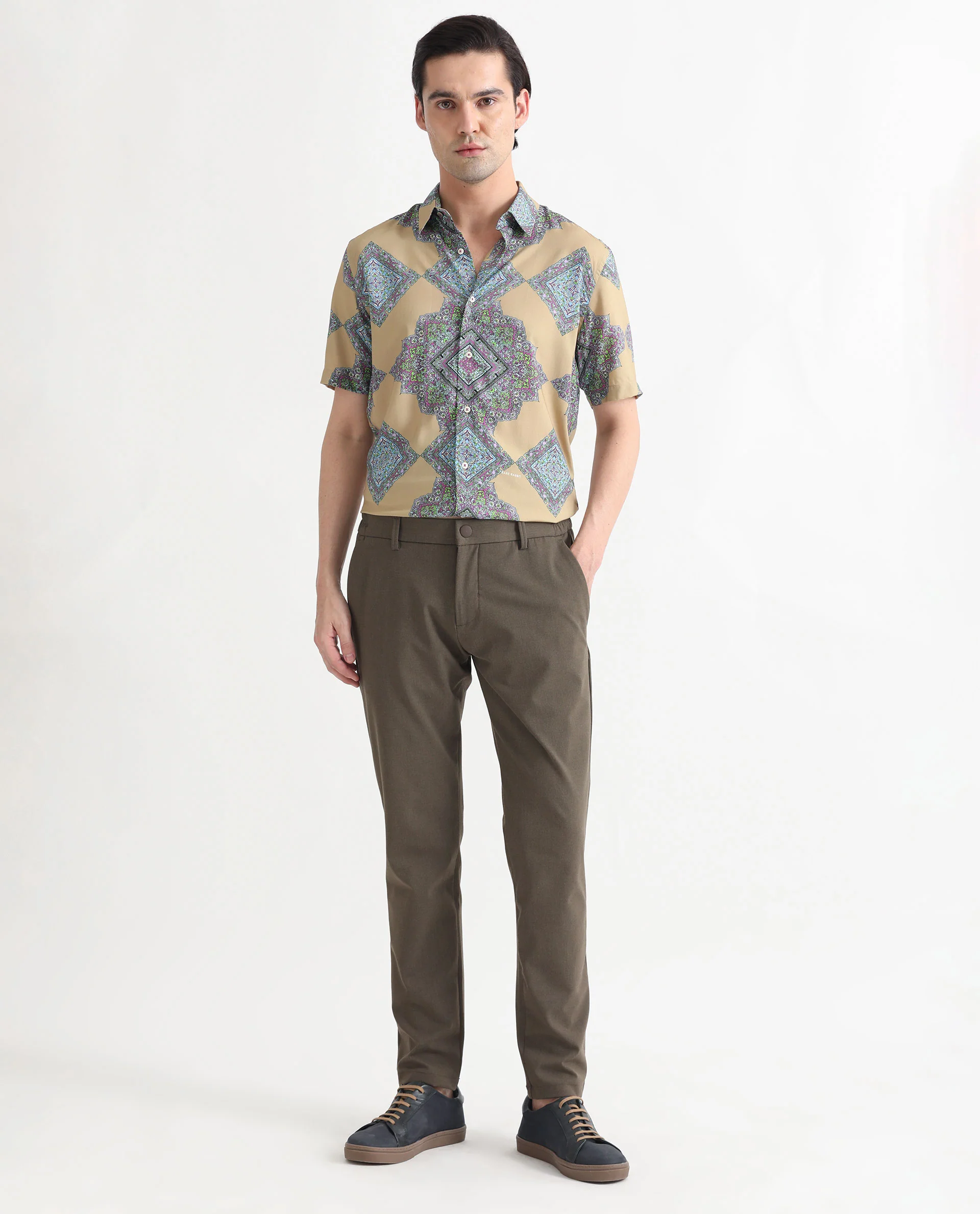 Rare Rabbit Men's Basso Beige Viscose Geometric Print Regular Fit Half Sleeve Collared Shirt - Image 2