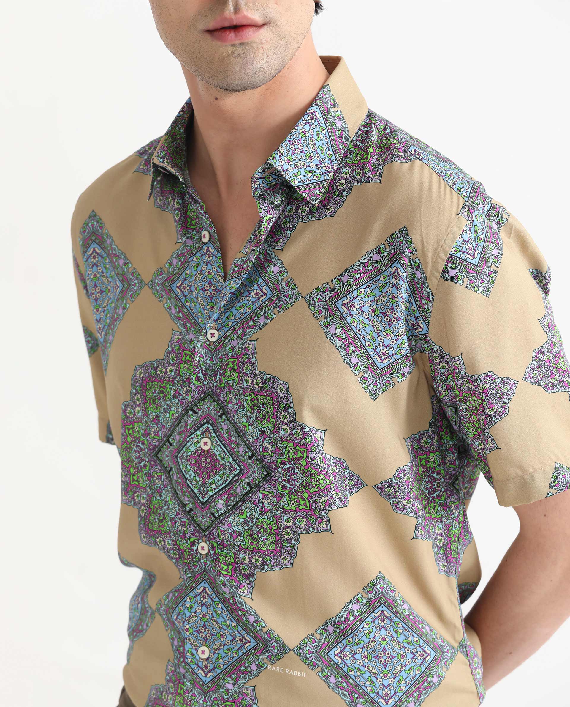 Rare Rabbit Men's Basso Beige Viscose Geometric Print Regular Fit Half Sleeve Collared Shirt - Image 3