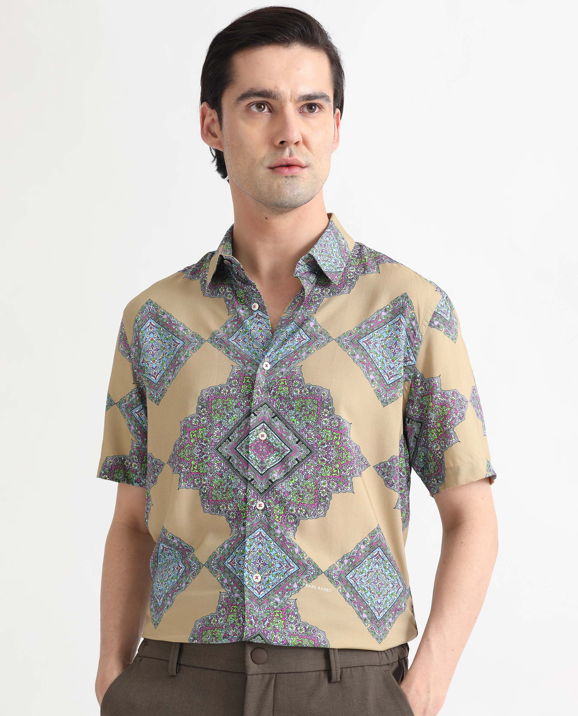 Rare Rabbit Men's Basso Beige Viscose Geometric Print Regular Fit Half Sleeve Collared Shirt - Image 4