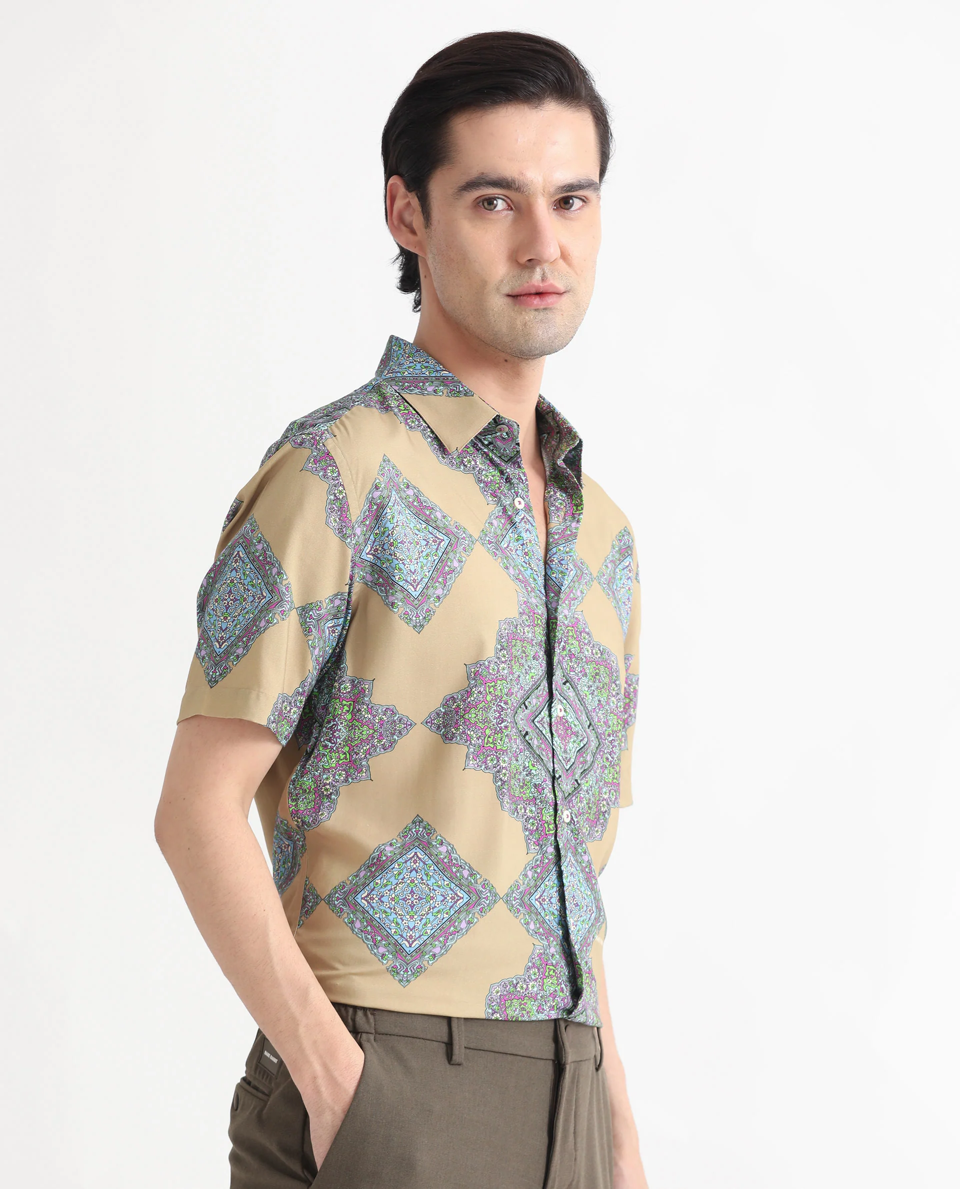 Rare Rabbit Men's Basso Beige Viscose Geometric Print Regular Fit Half Sleeve Collared Shirt - Image 5