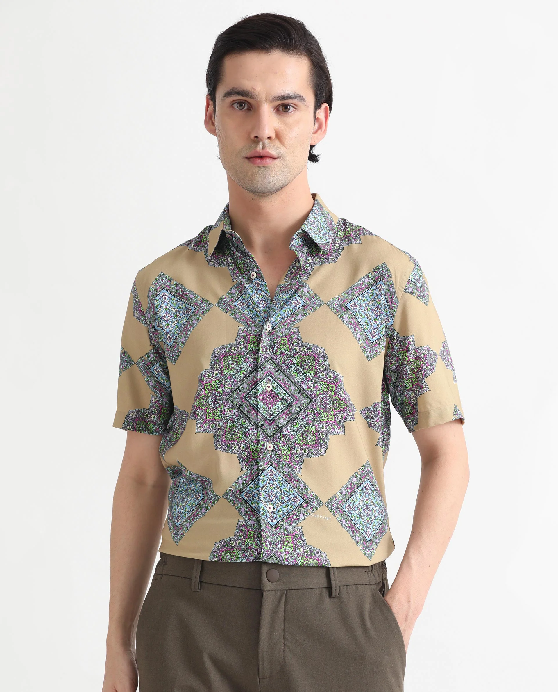 Rare Rabbit Men's Basso Beige Viscose Geometric Print Regular Fit Half Sleeve Collared Shirt - Image 6