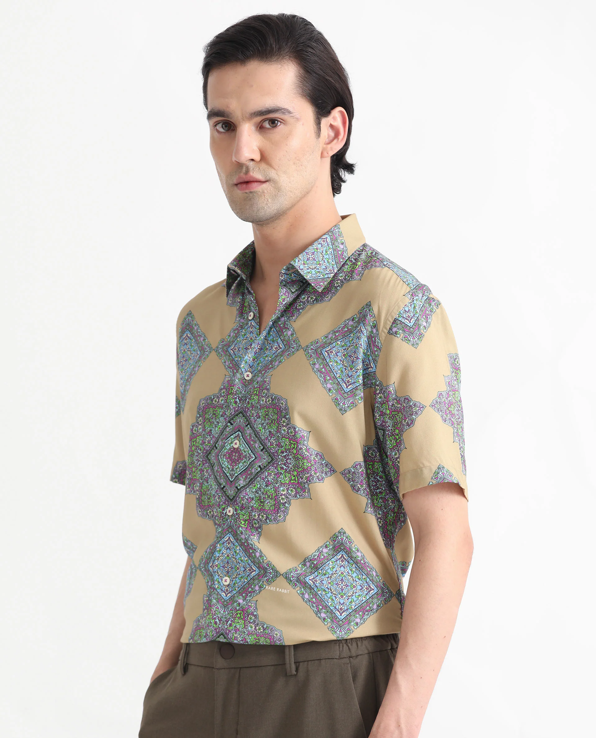 Rare Rabbit Men's Basso Beige Viscose Geometric Print Regular Fit Half Sleeve Collared Shirt - Image 7
