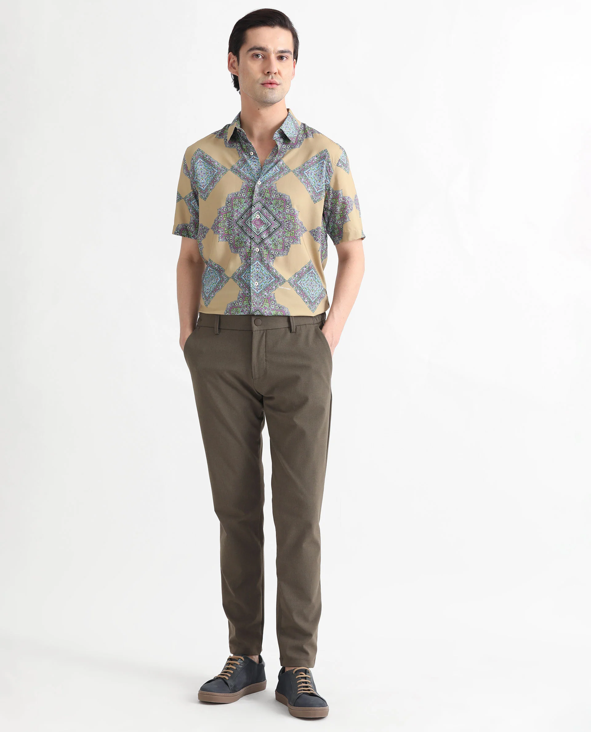 Rare Rabbit Men's Basso Beige Viscose Geometric Print Regular Fit Half Sleeve Collared Shirt - Image 8