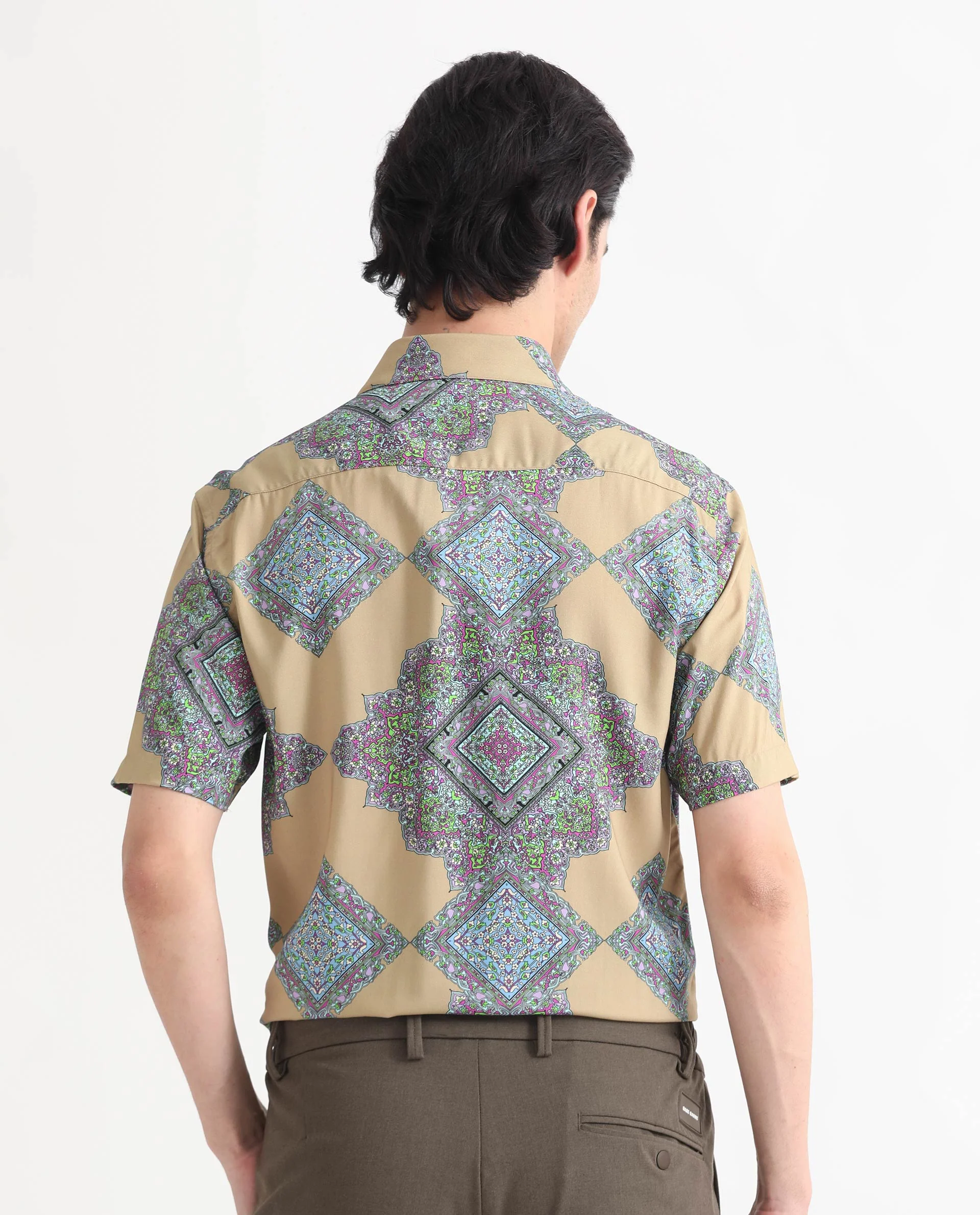 Rare Rabbit Men's Basso Beige Viscose Geometric Print Regular Fit Half Sleeve Collared Shirt - Image 9
