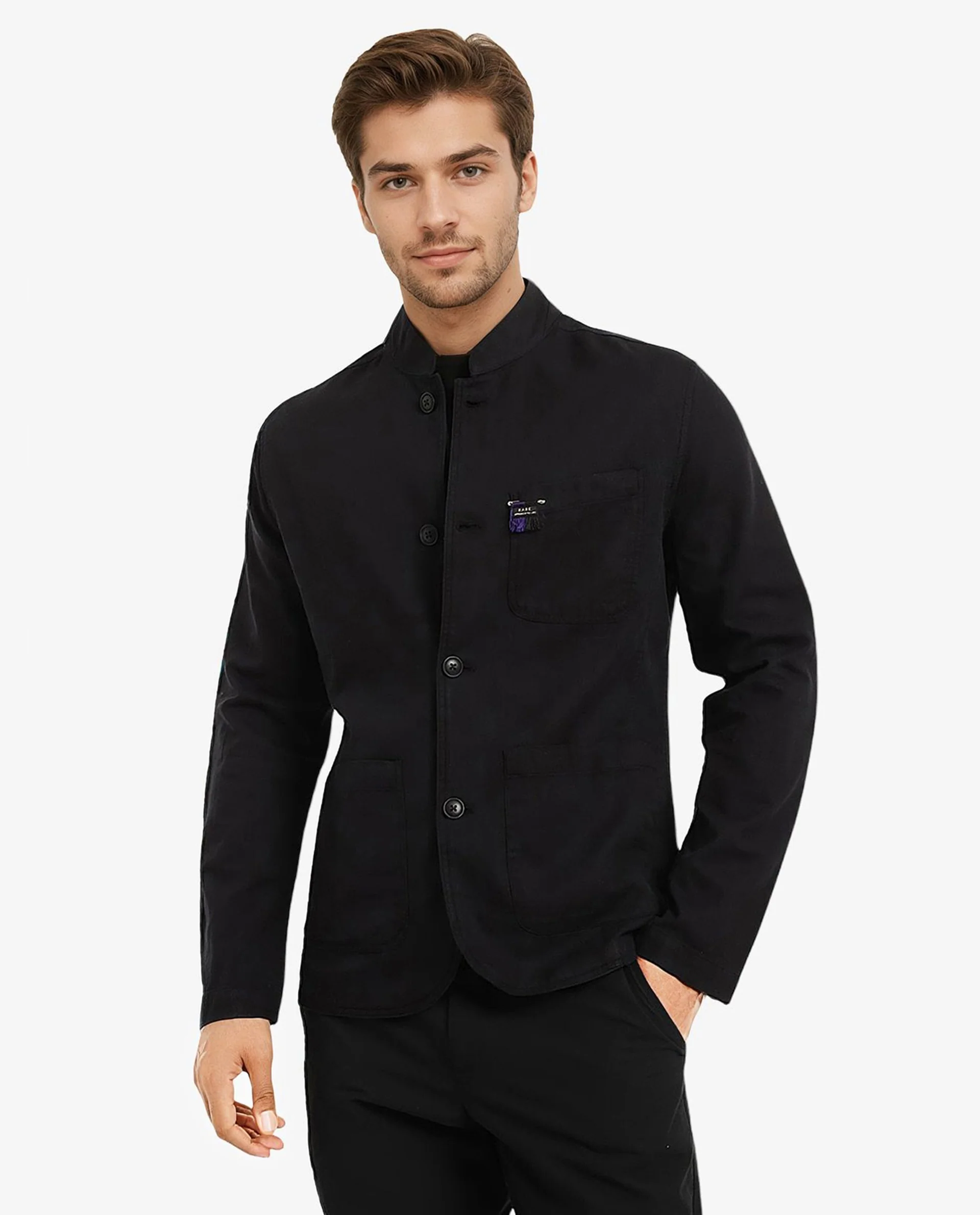 Rare Rabbit Men's Bastein Navy Cotton Plain Relaxed Fit Full Sleeve Mandarin Collar Jacket