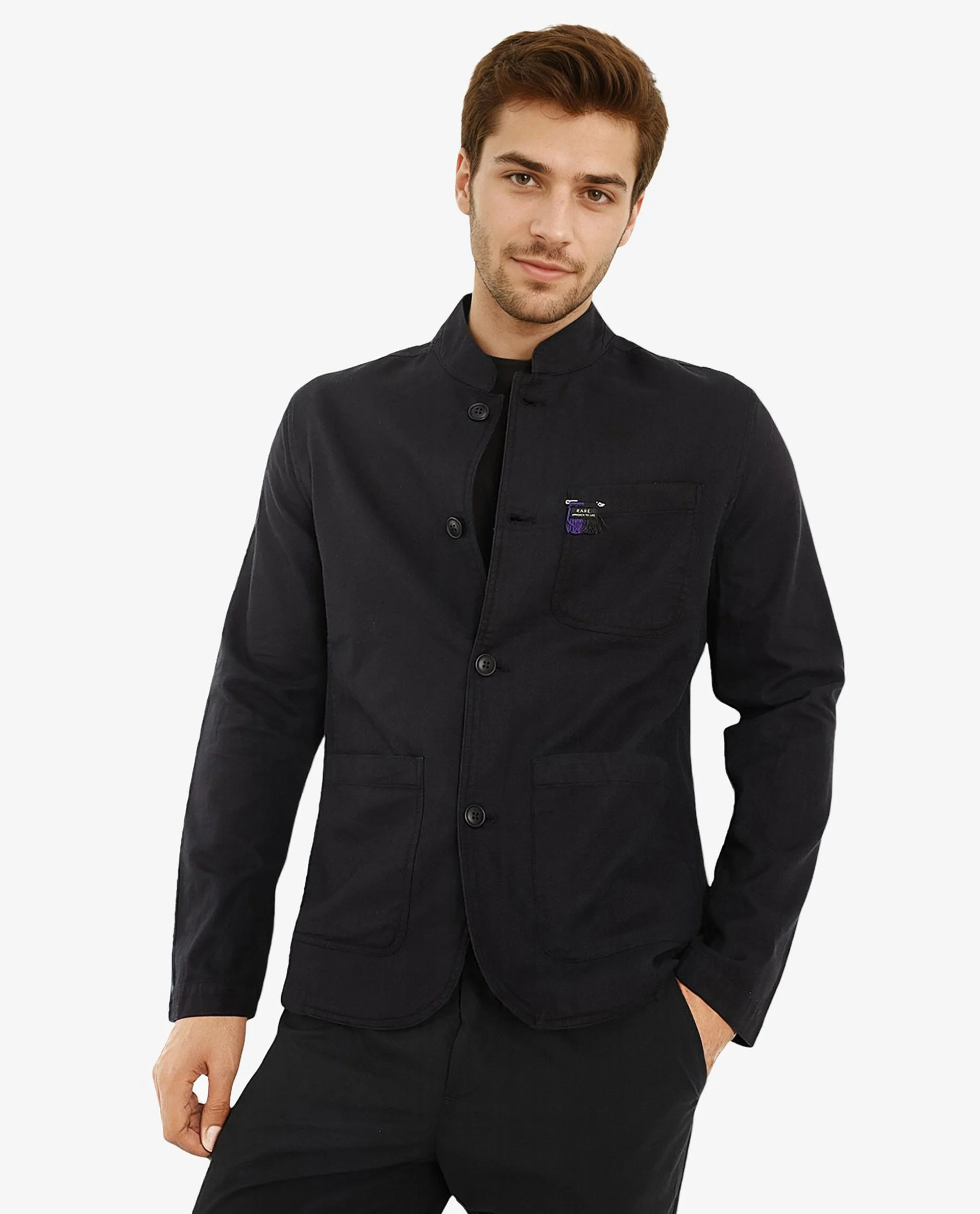 Rare Rabbit Men's Bastein Navy Cotton Plain Relaxed Fit Full Sleeve Mandarin Collar Jacket - Image 5