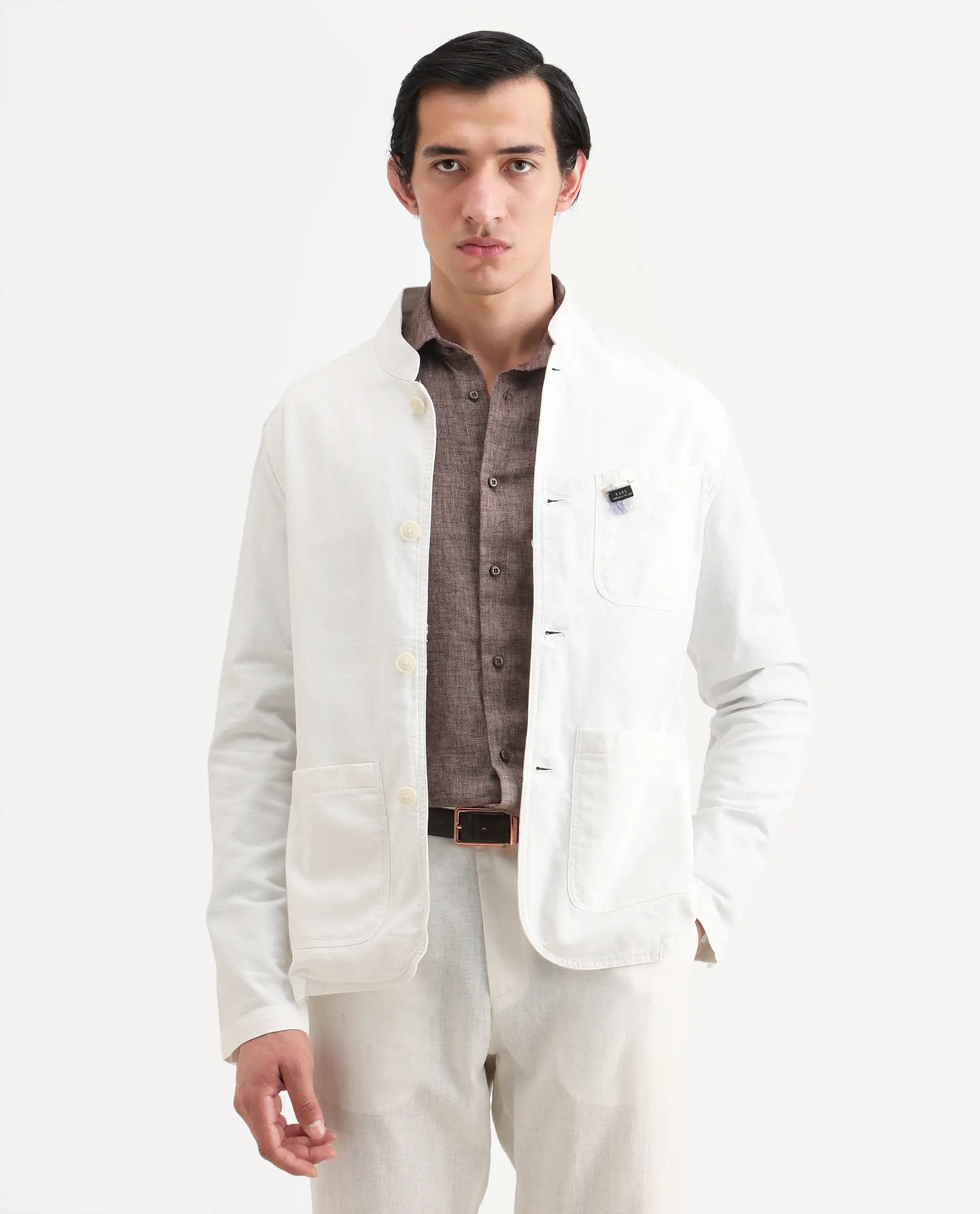 Rare Rabbit Men's Bastein Off White Cotton Plain Relaxed Fit Full Sleeve Mandarin Collar Jacket - Image 3