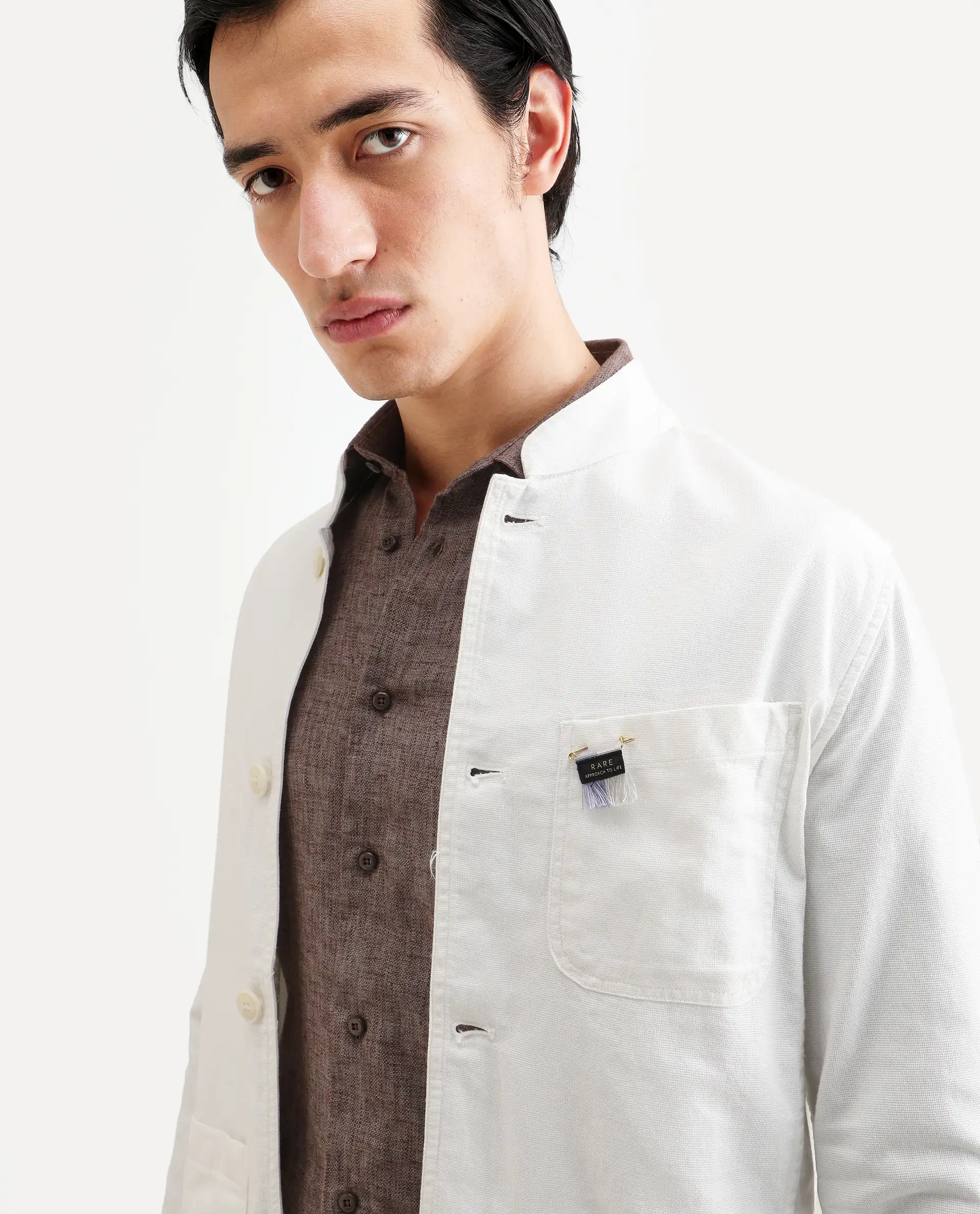 Rare Rabbit Men's Bastein Off White Cotton Plain Relaxed Fit Full Sleeve Mandarin Collar Jacket - Image 4