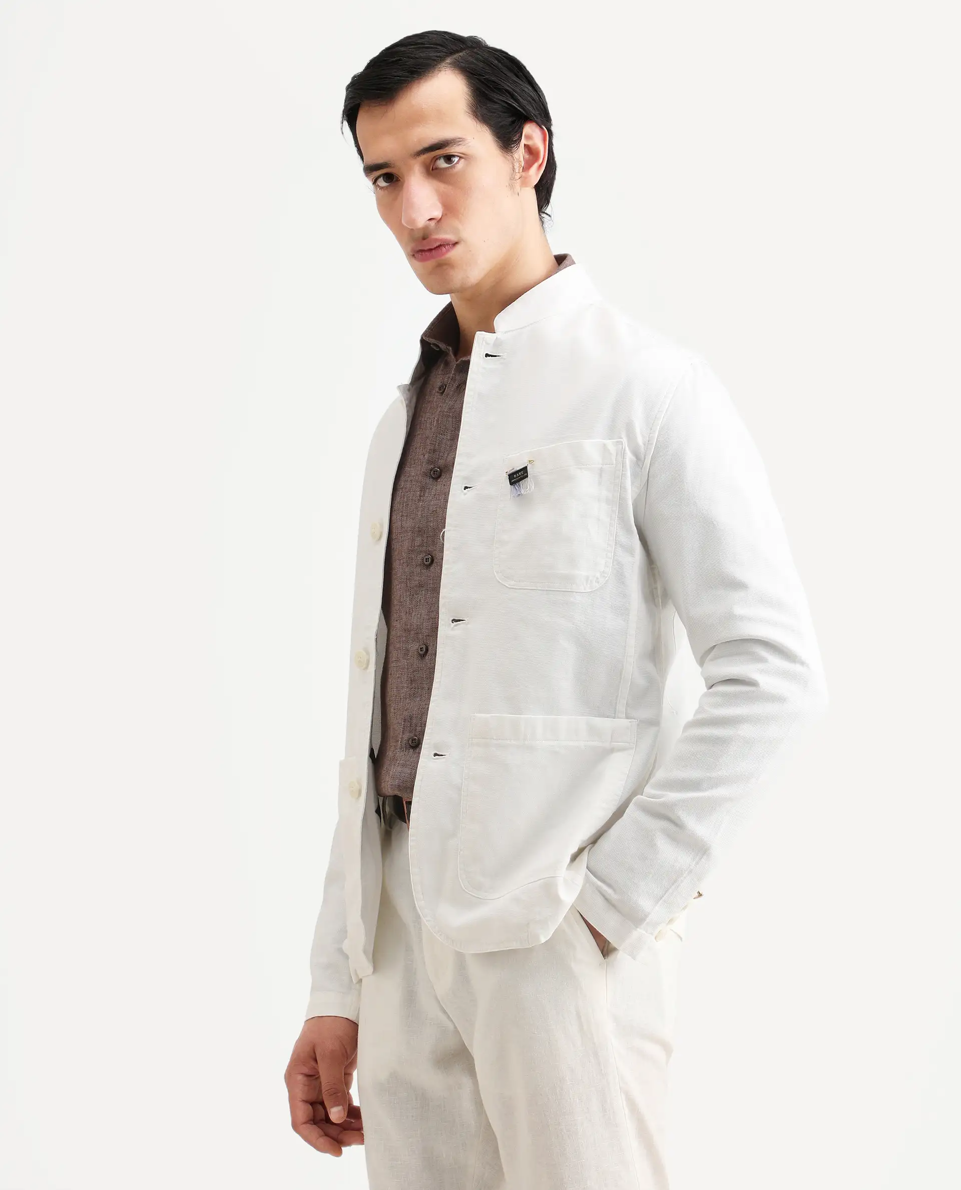 Rare Rabbit Men's Bastein Off White Cotton Plain Relaxed Fit Full Sleeve Mandarin Collar Jacket - Image 5